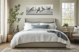 Panoramic Blue Birds Perched On a Branch Watercolor Wall Art
