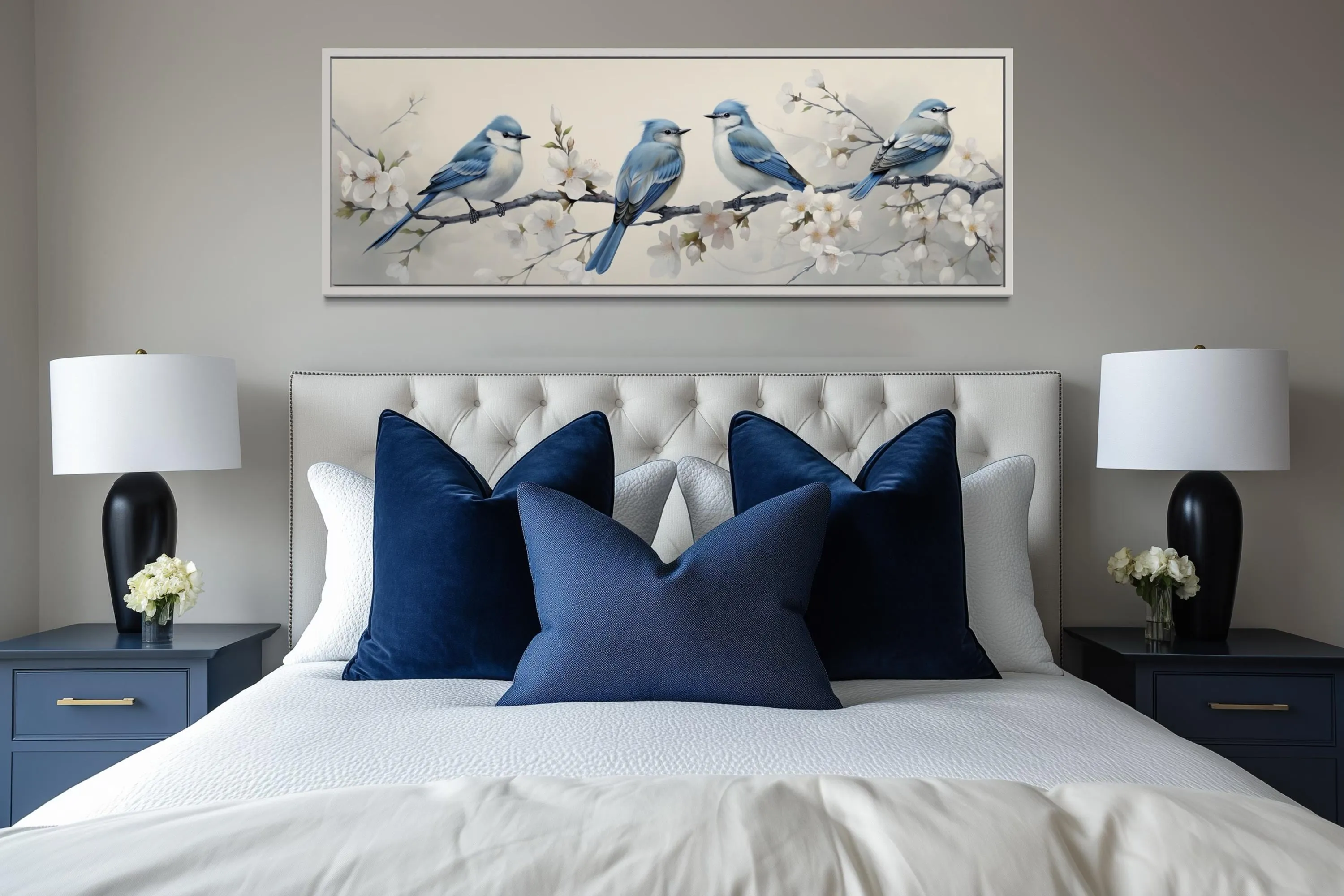 Panoramic Blue Birds Perched On a Branch Watercolor Wall Art
