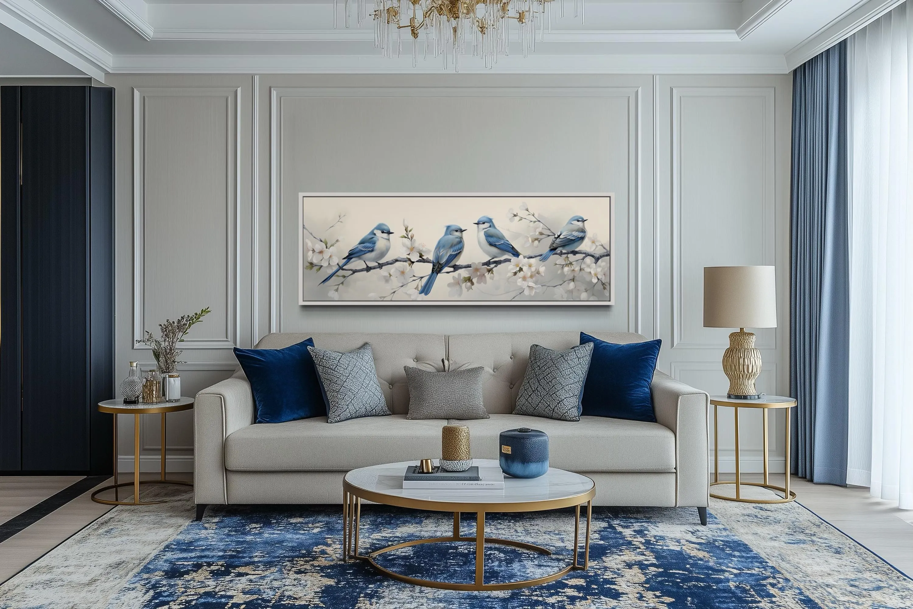 Panoramic Blue Birds Perched On a Branch Watercolor Wall Art