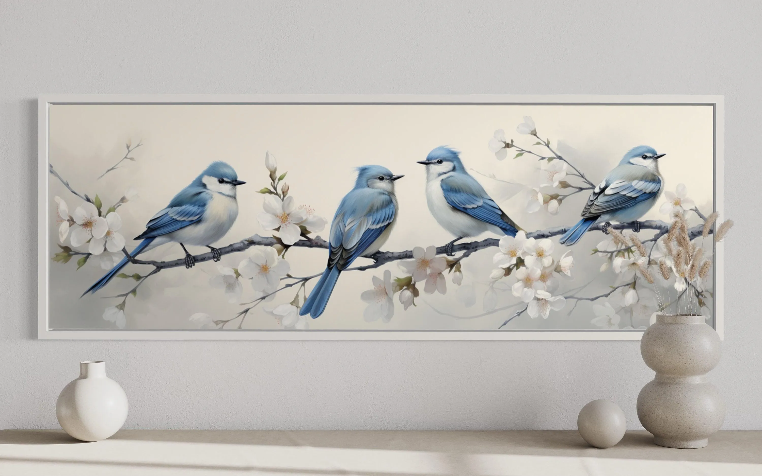 Panoramic Blue Birds Perched On a Branch Watercolor Wall Art