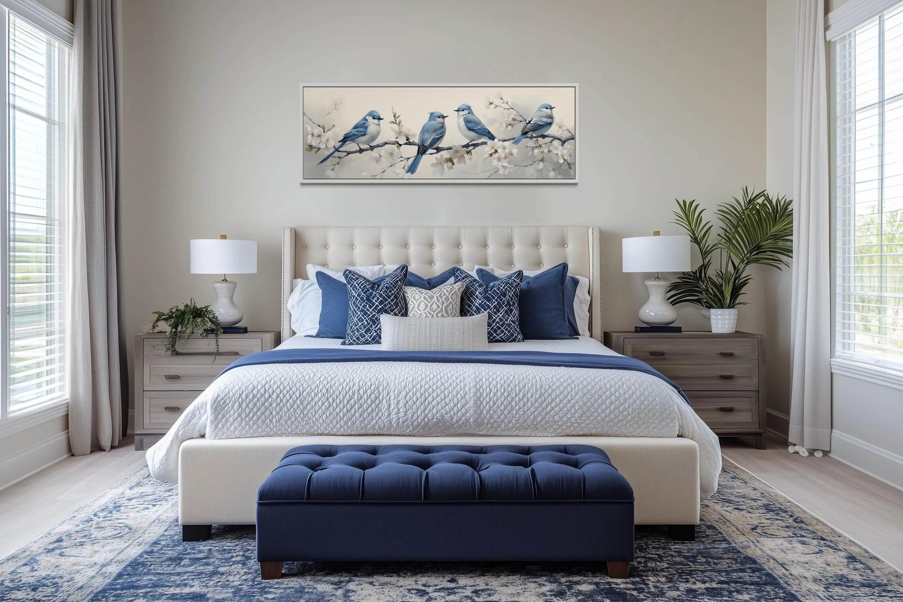 Panoramic Blue Birds Perched On a Branch Watercolor Wall Art