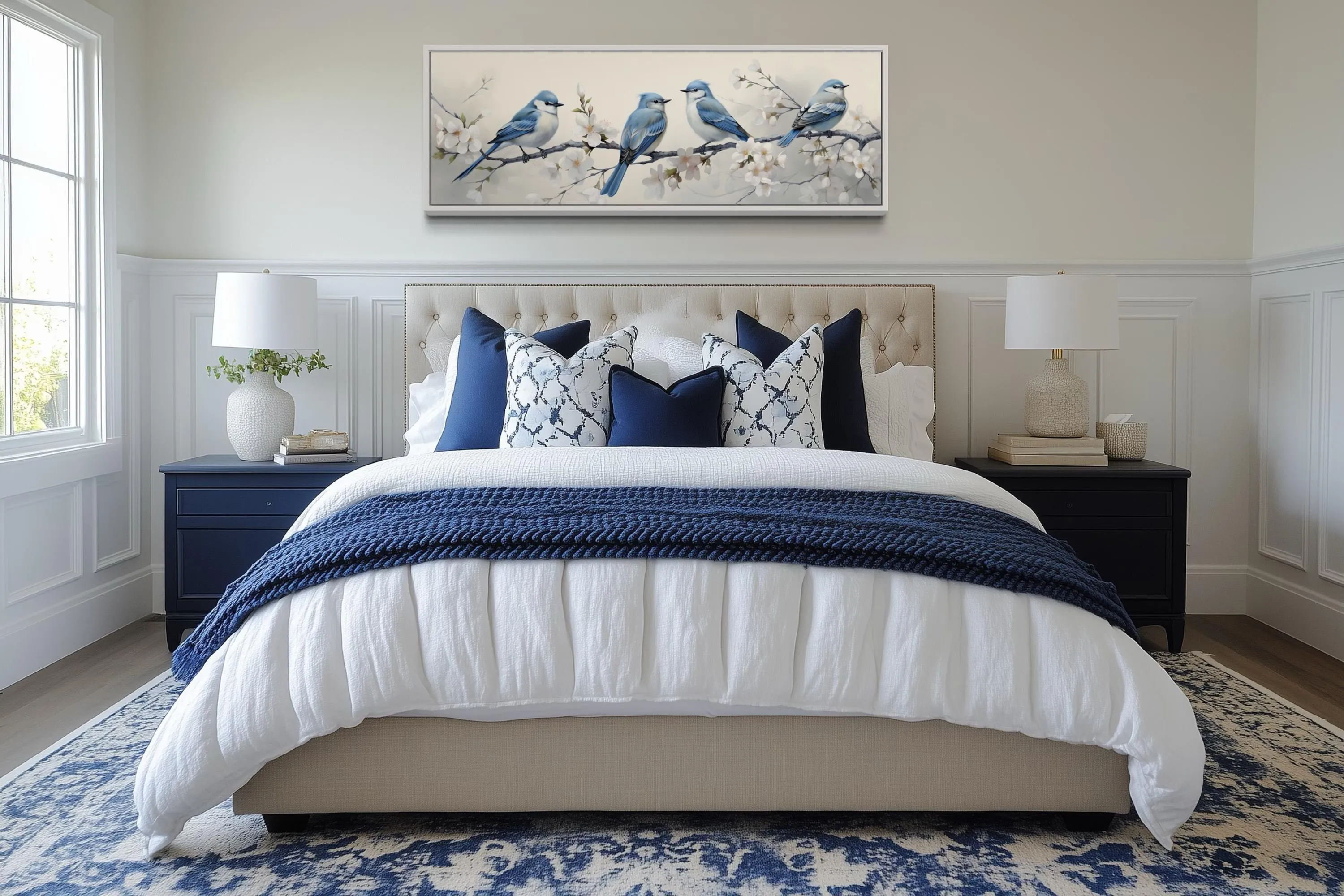 Panoramic Blue Birds Perched On a Branch Watercolor Wall Art