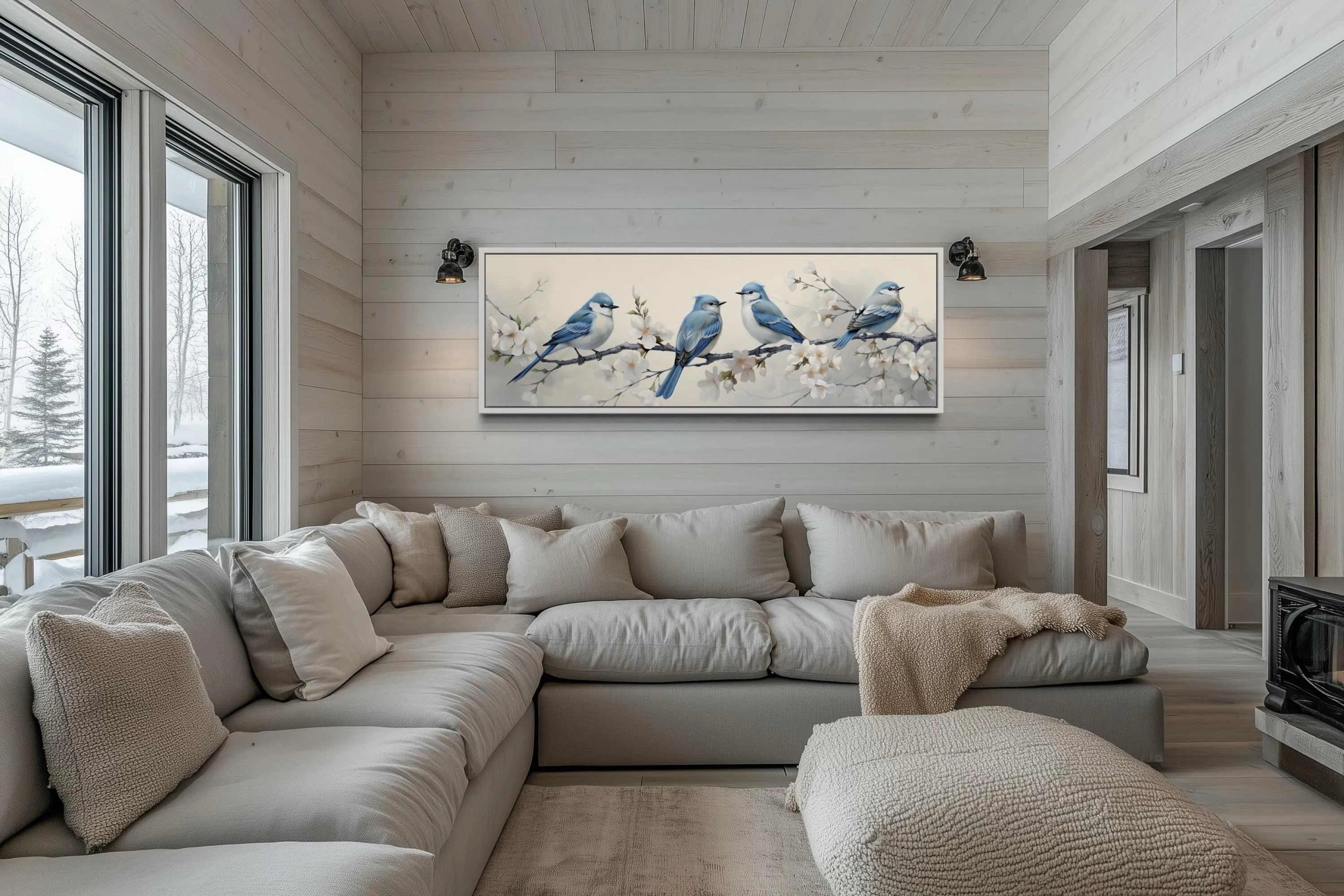 Panoramic Blue Birds Perched On a Branch Watercolor Wall Art