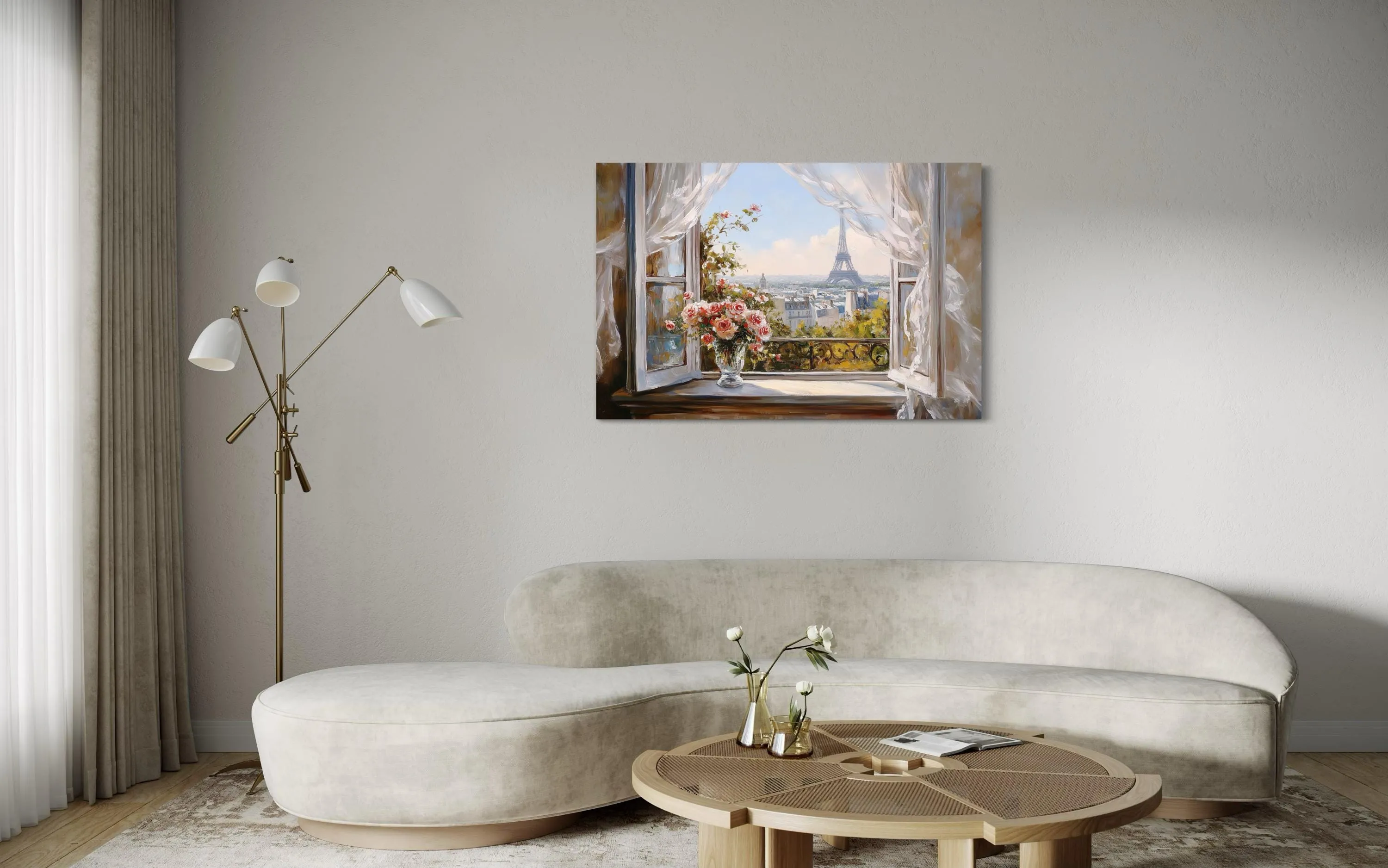 Paris Window View Wall Art With Eiffel Tower And Flowers