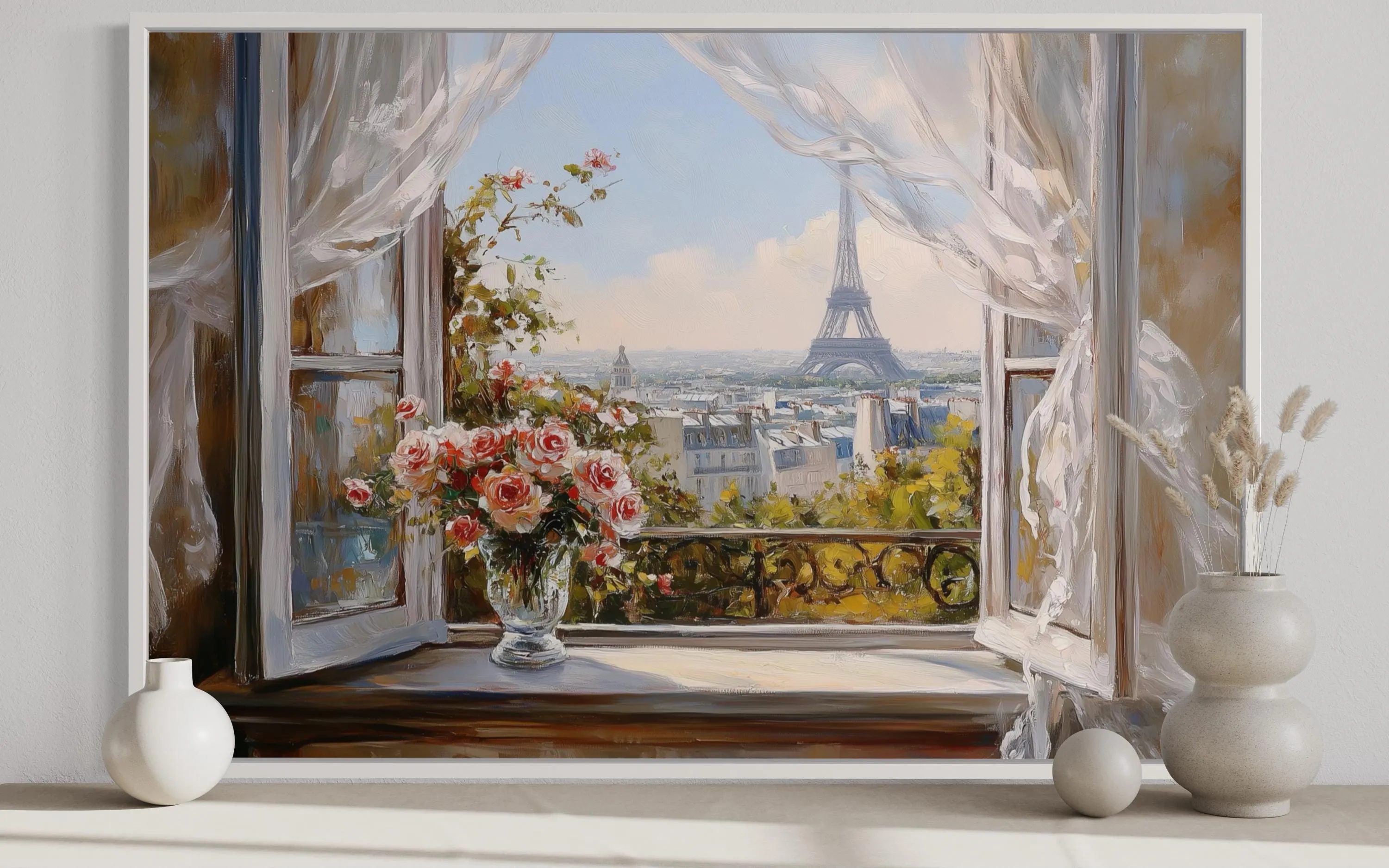 Paris Window View Wall Art With Eiffel Tower And Flowers