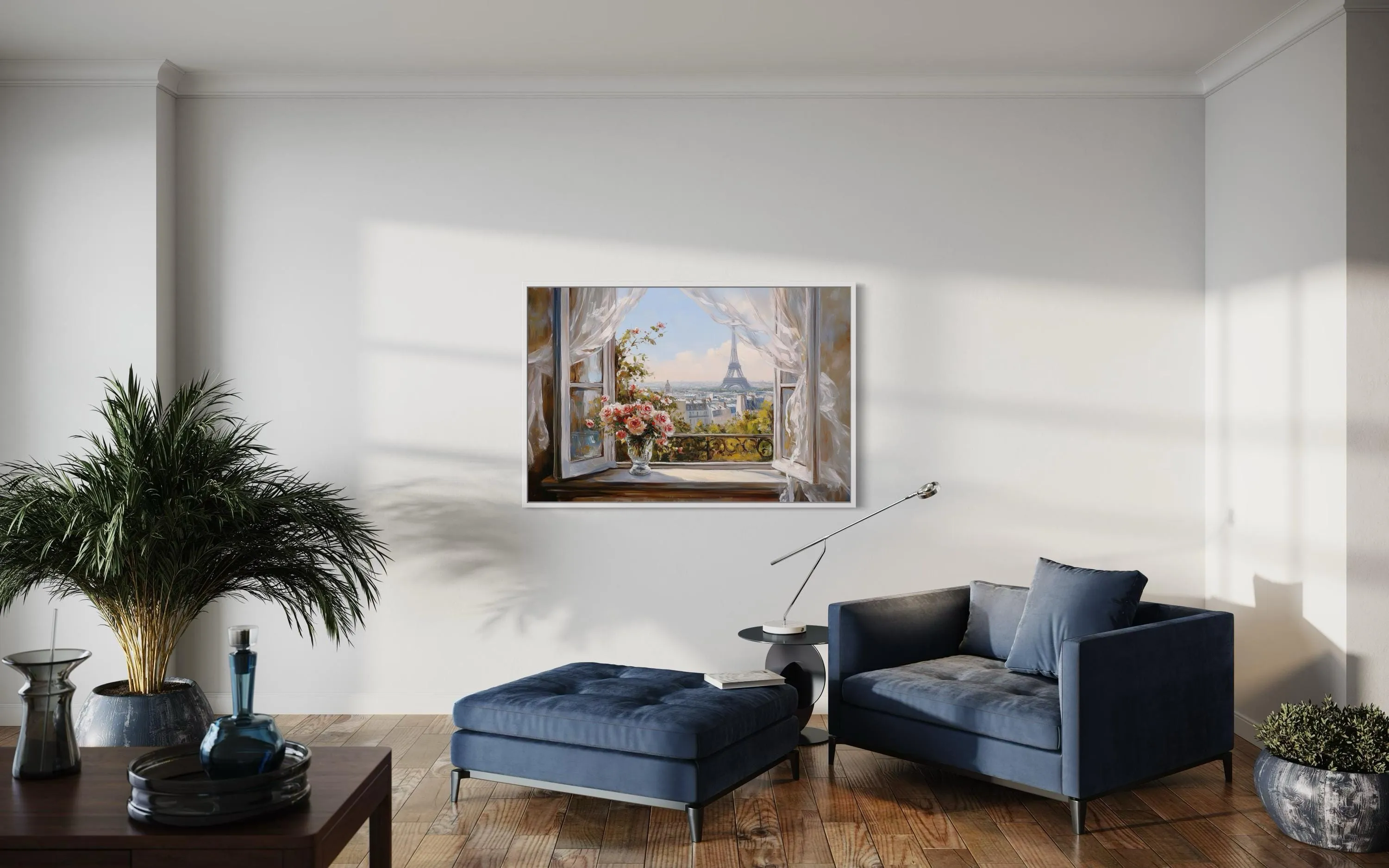 Paris Window View Wall Art With Eiffel Tower And Flowers