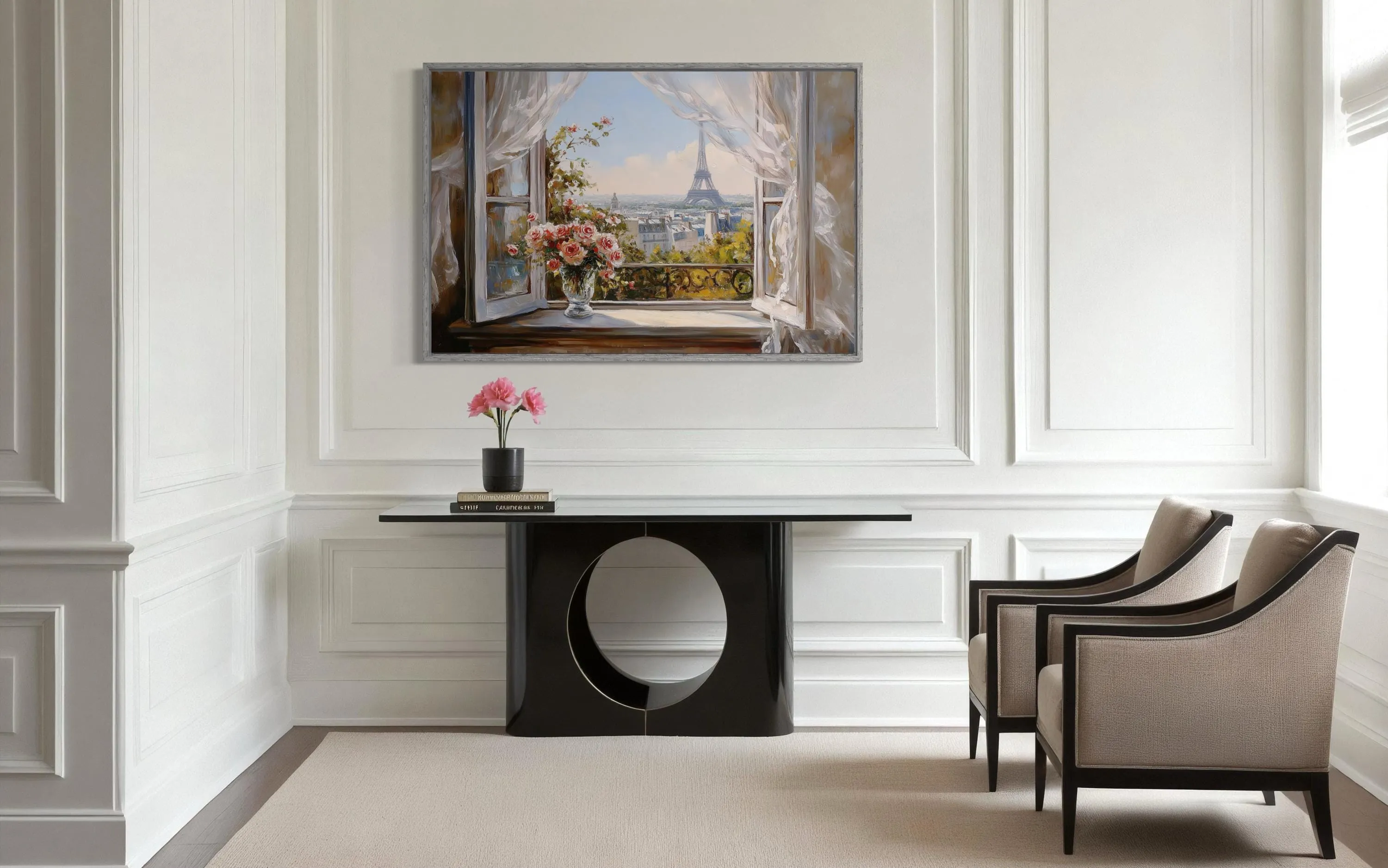 Paris Window View Wall Art With Eiffel Tower And Flowers