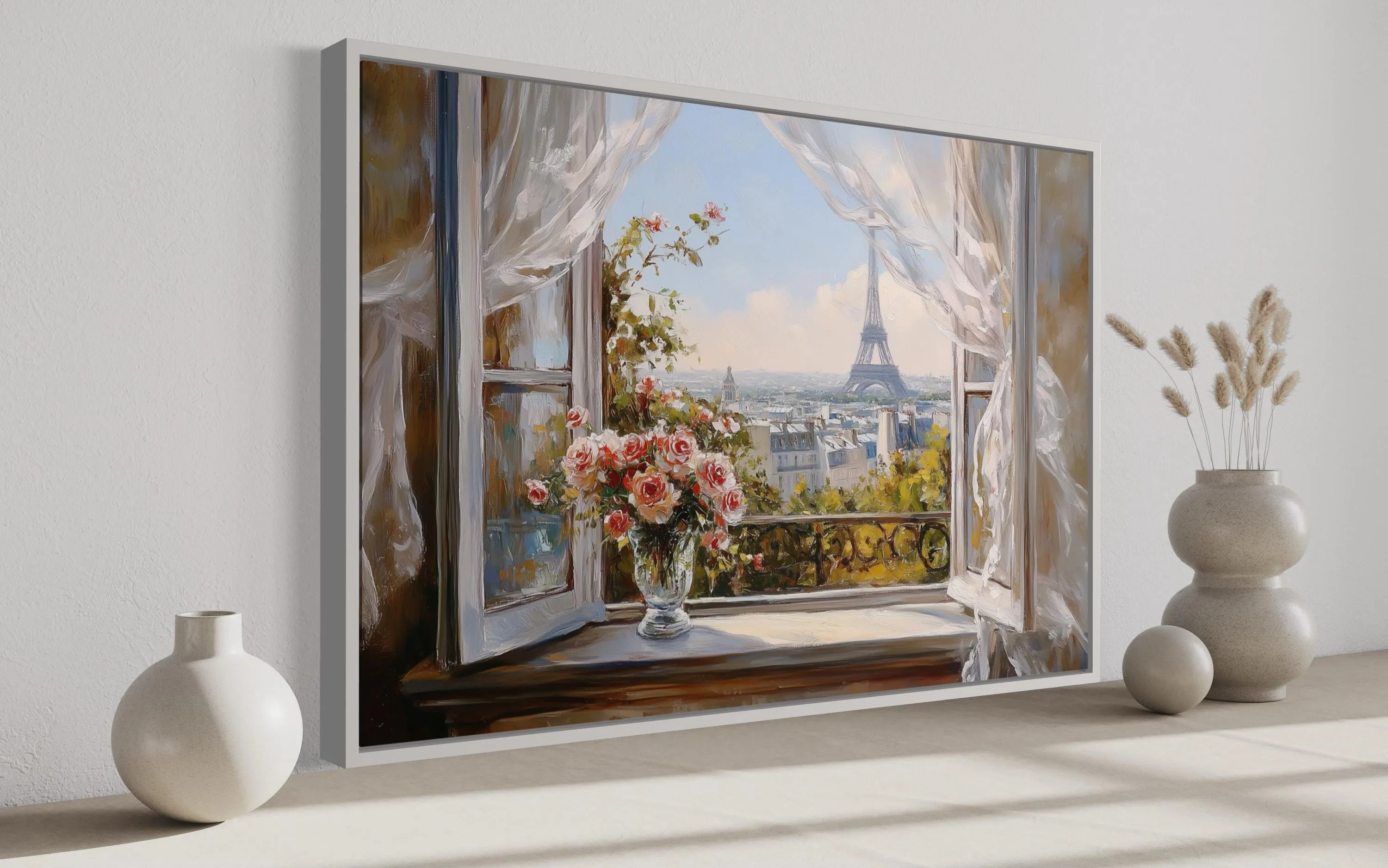 Paris Window View Wall Art With Eiffel Tower And Flowers