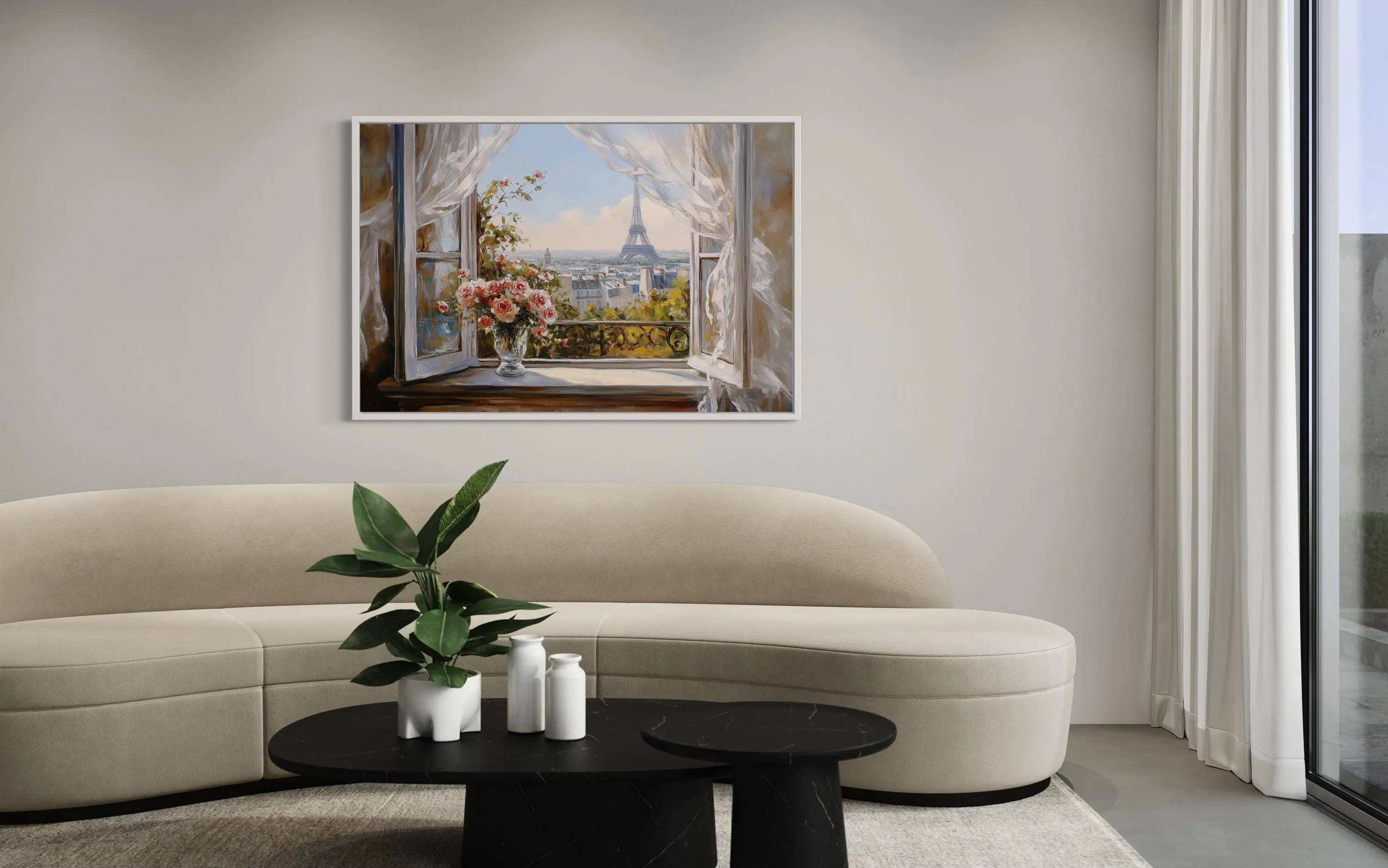 Paris Window View Wall Art With Eiffel Tower And Flowers