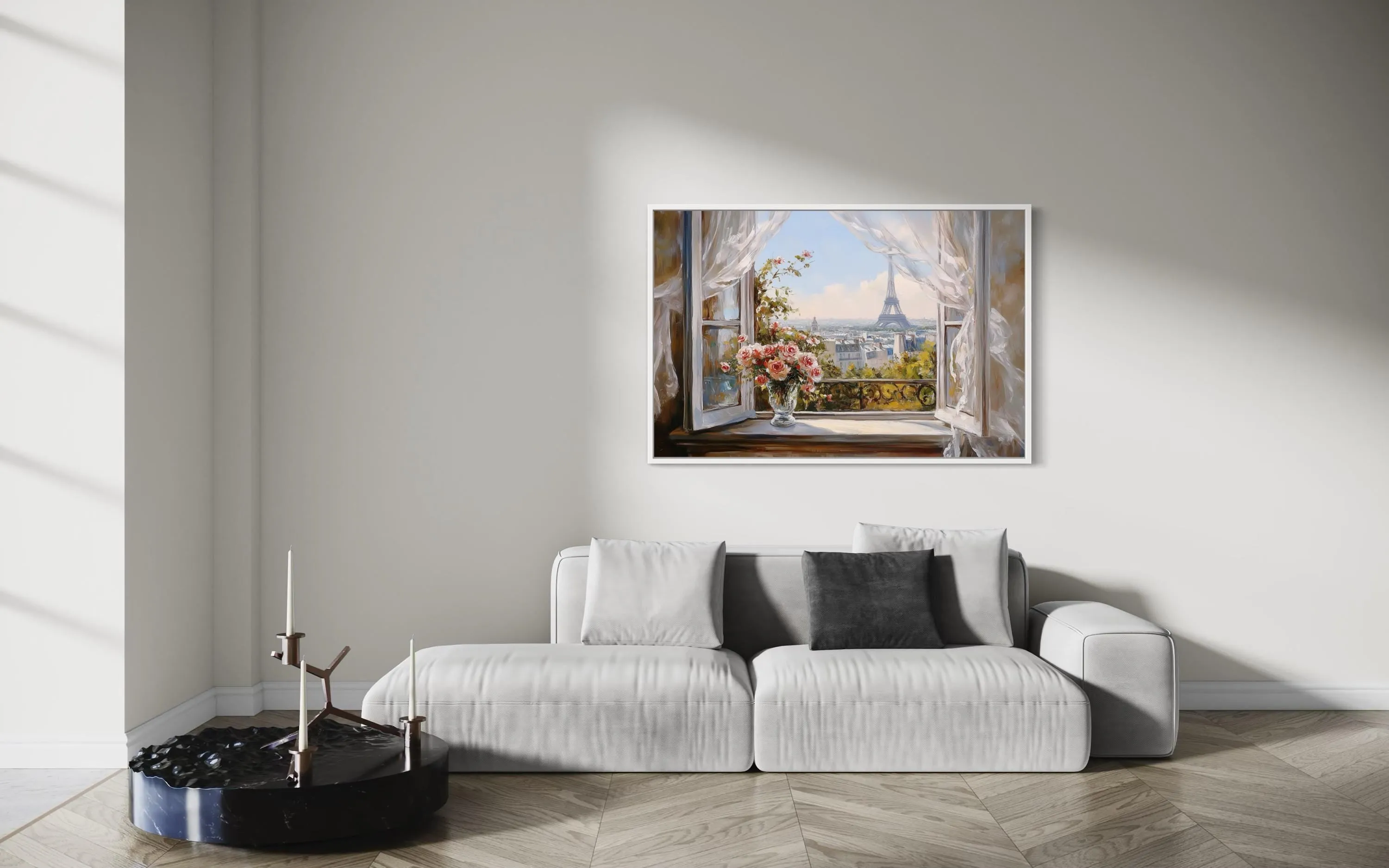 Paris Window View Wall Art With Eiffel Tower And Flowers