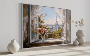 Paris Window View Wall Art With Eiffel Tower And Flowers