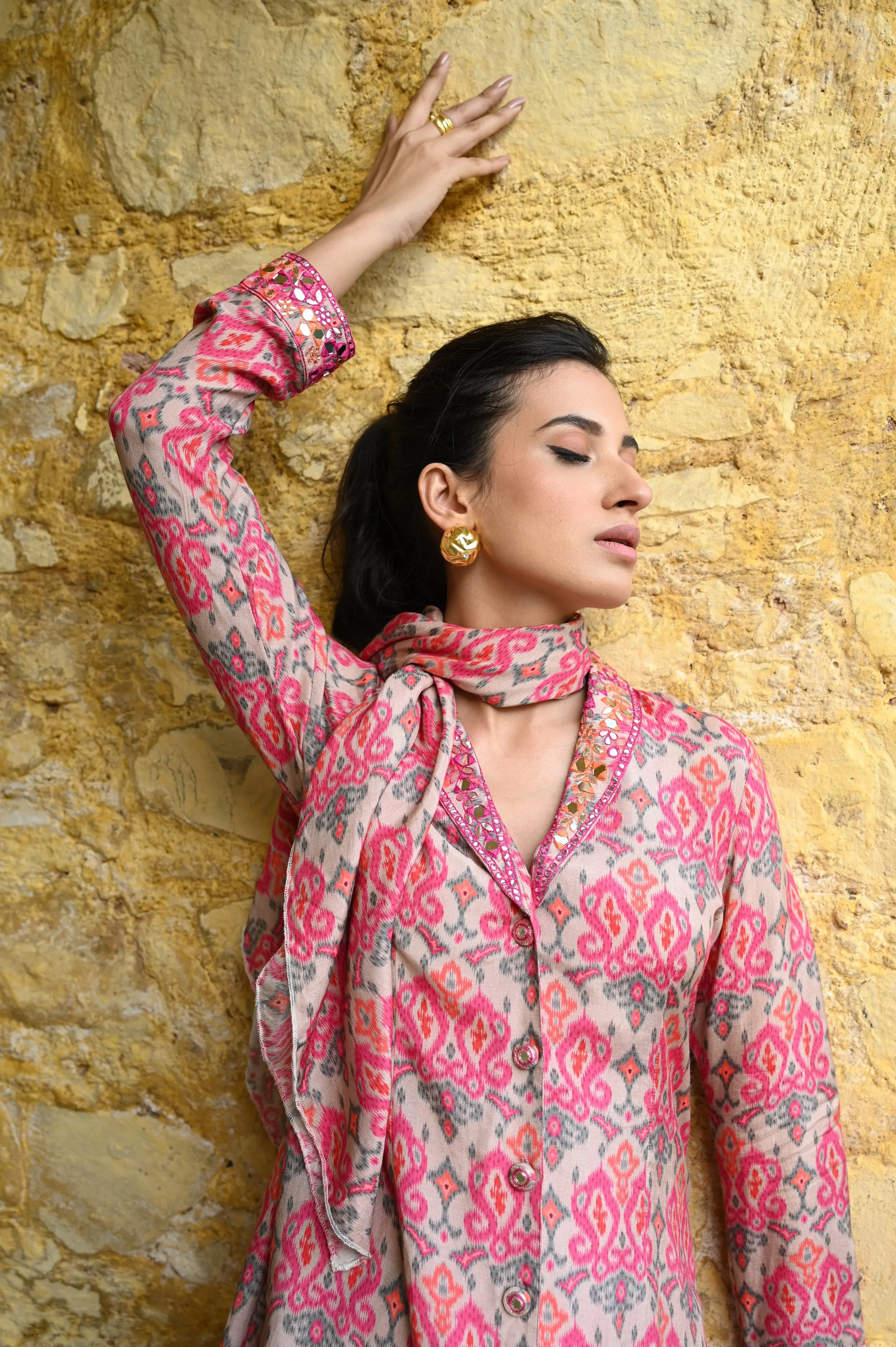 Pink and Orange Ikkat Print Muslin Co-ord Set with Mirror Handwork