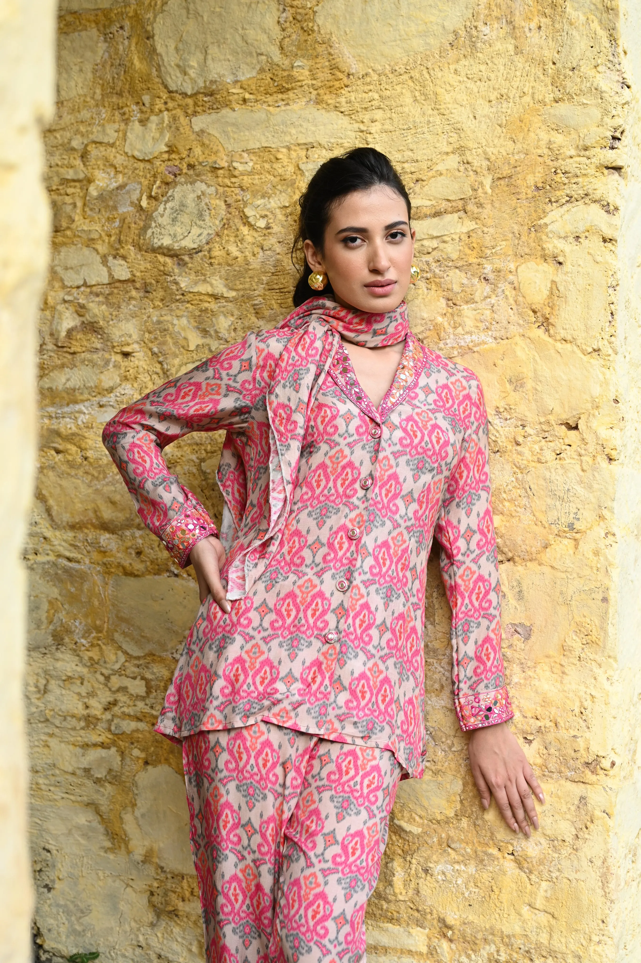 Pink and Orange Ikkat Print Muslin Co-ord Set with Mirror Handwork