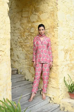Pink and Orange Ikkat Print Muslin Co-ord Set with Mirror Handwork