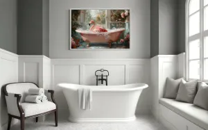 Pink Flamingo in a Bathtub Framed Canvas Wall Art