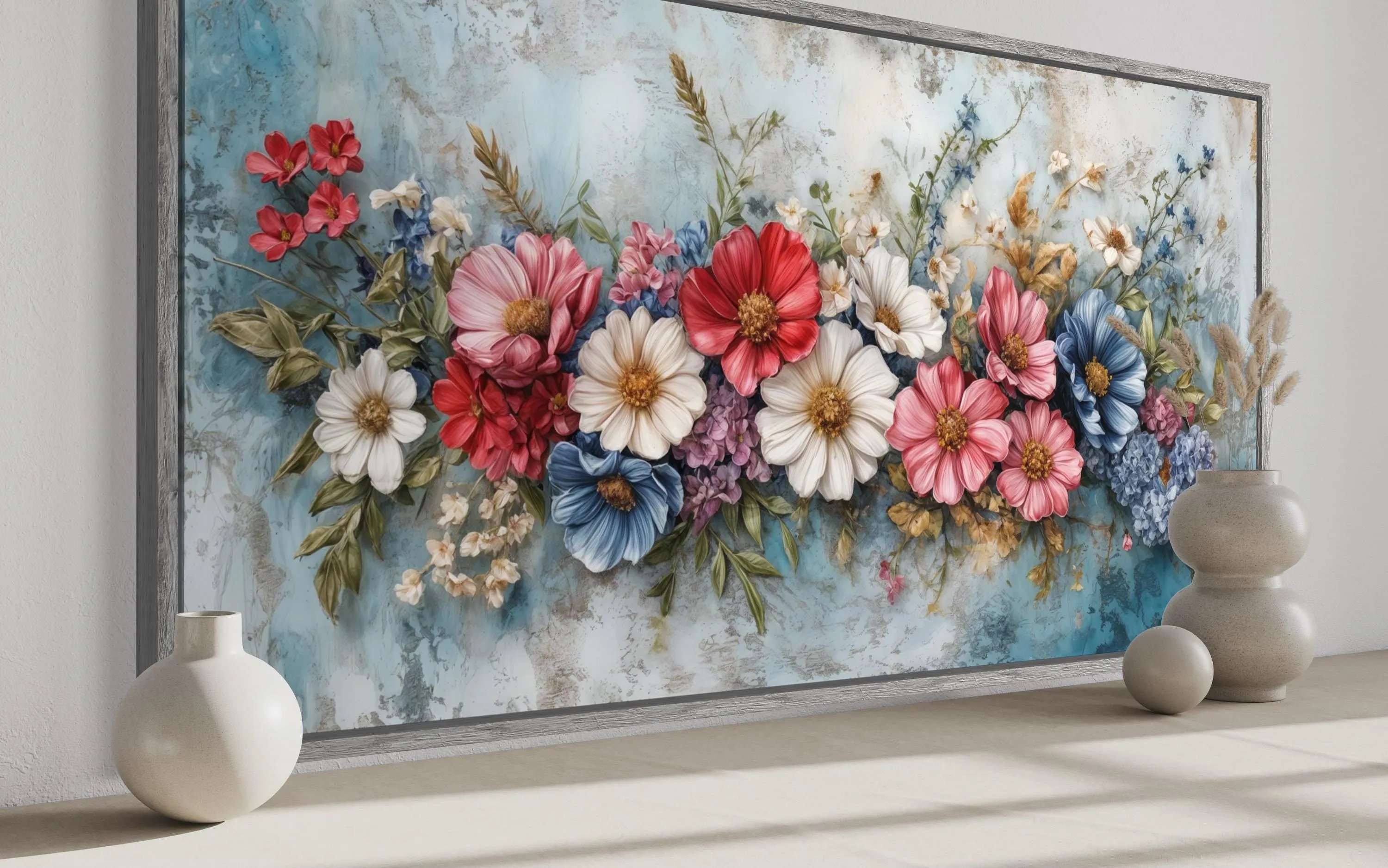 Pretty Blue Pink Wildflowers Bouquet Framed Canvas Wall Art