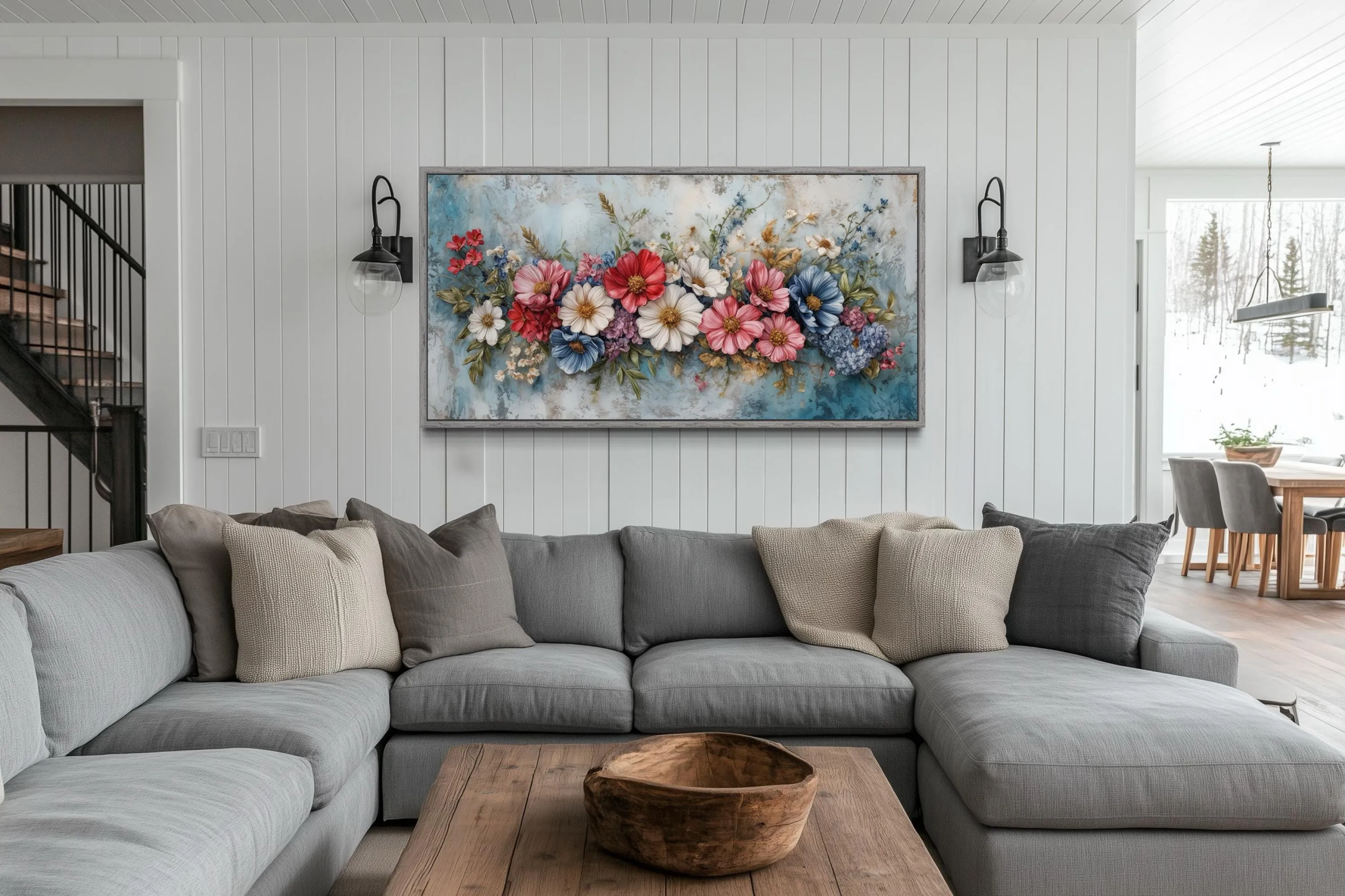 Pretty Blue Pink Wildflowers Bouquet Framed Canvas Wall Art