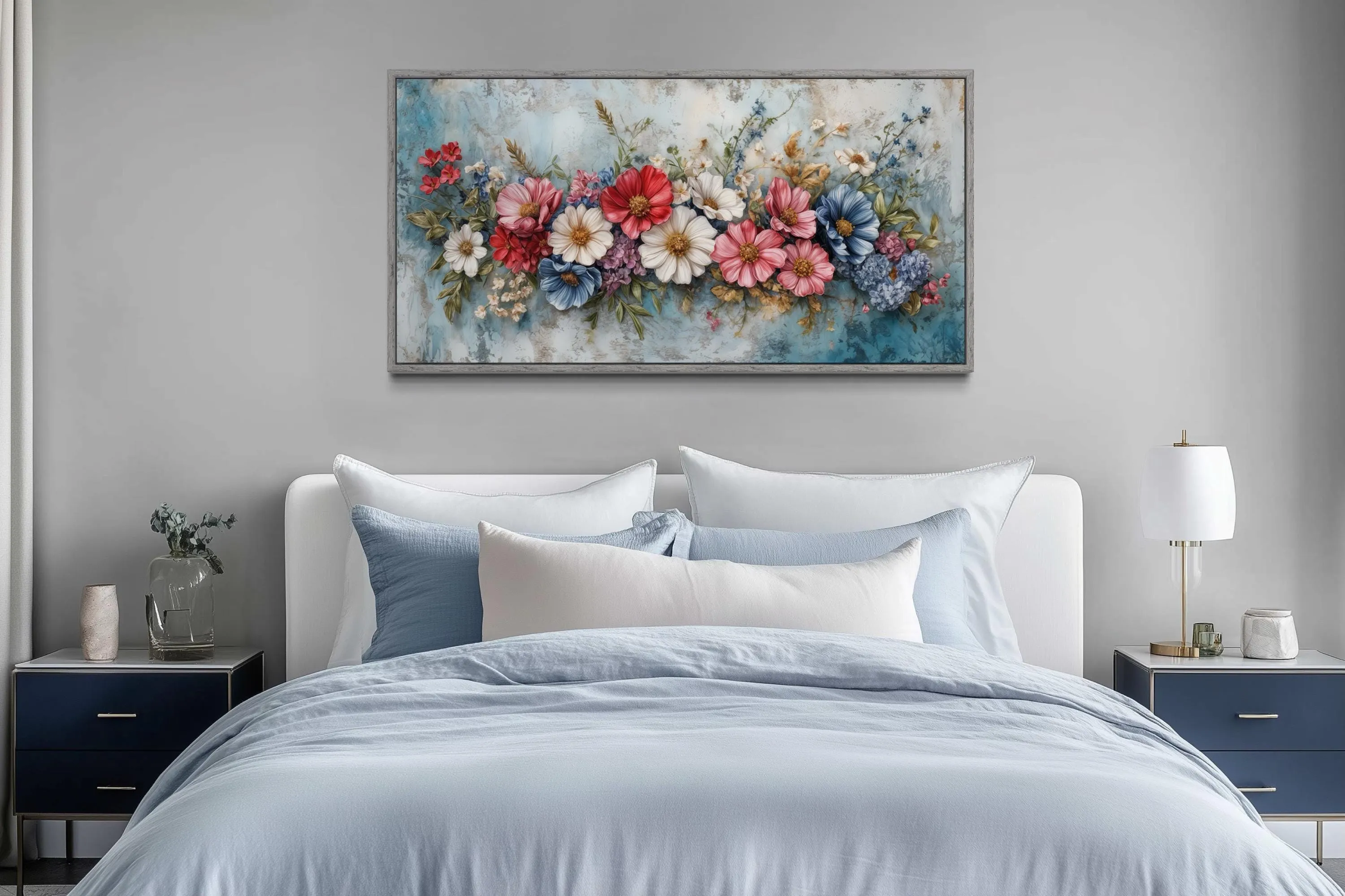 Pretty Blue Pink Wildflowers Bouquet Framed Canvas Wall Art