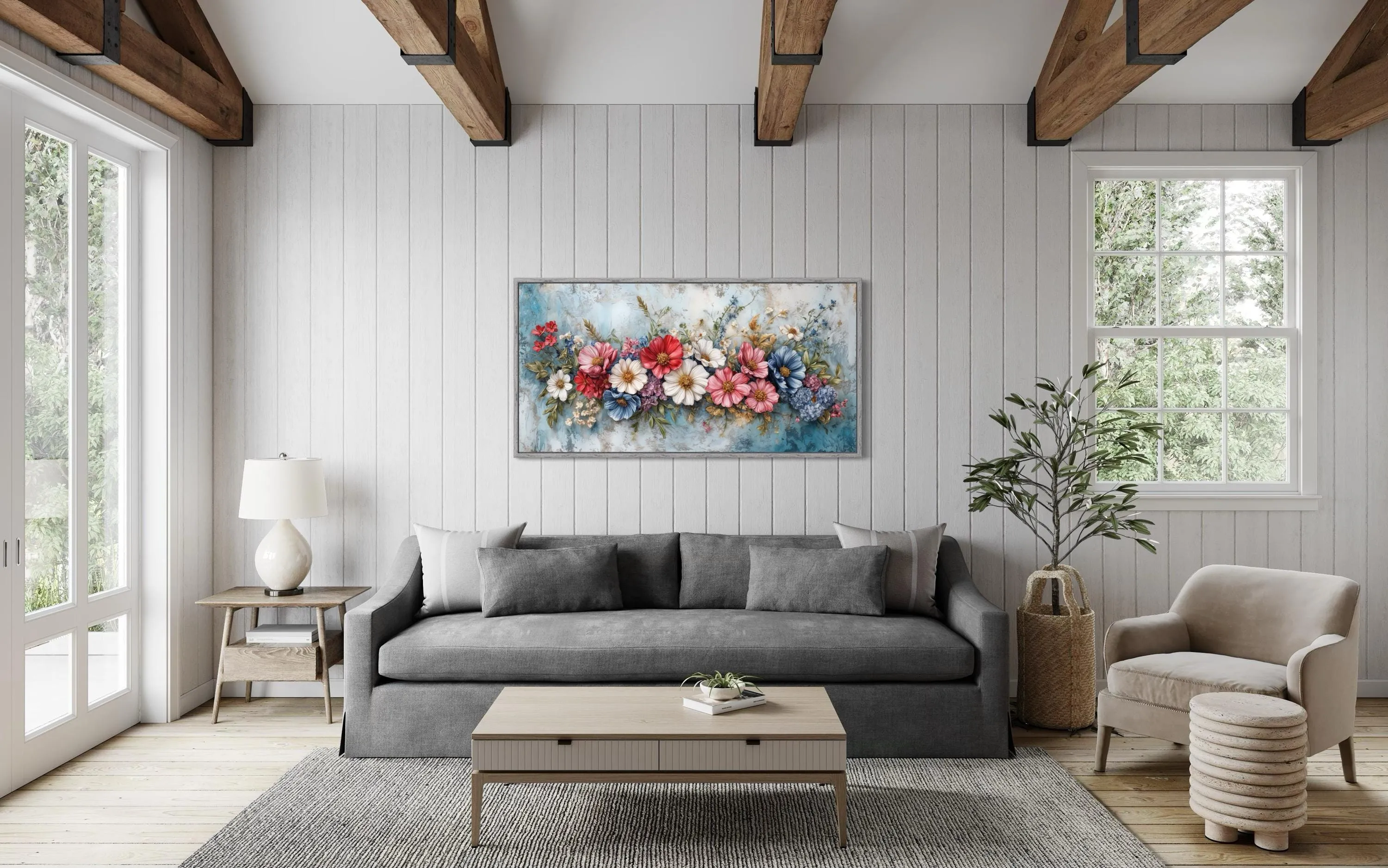 Pretty Blue Pink Wildflowers Bouquet Framed Canvas Wall Art