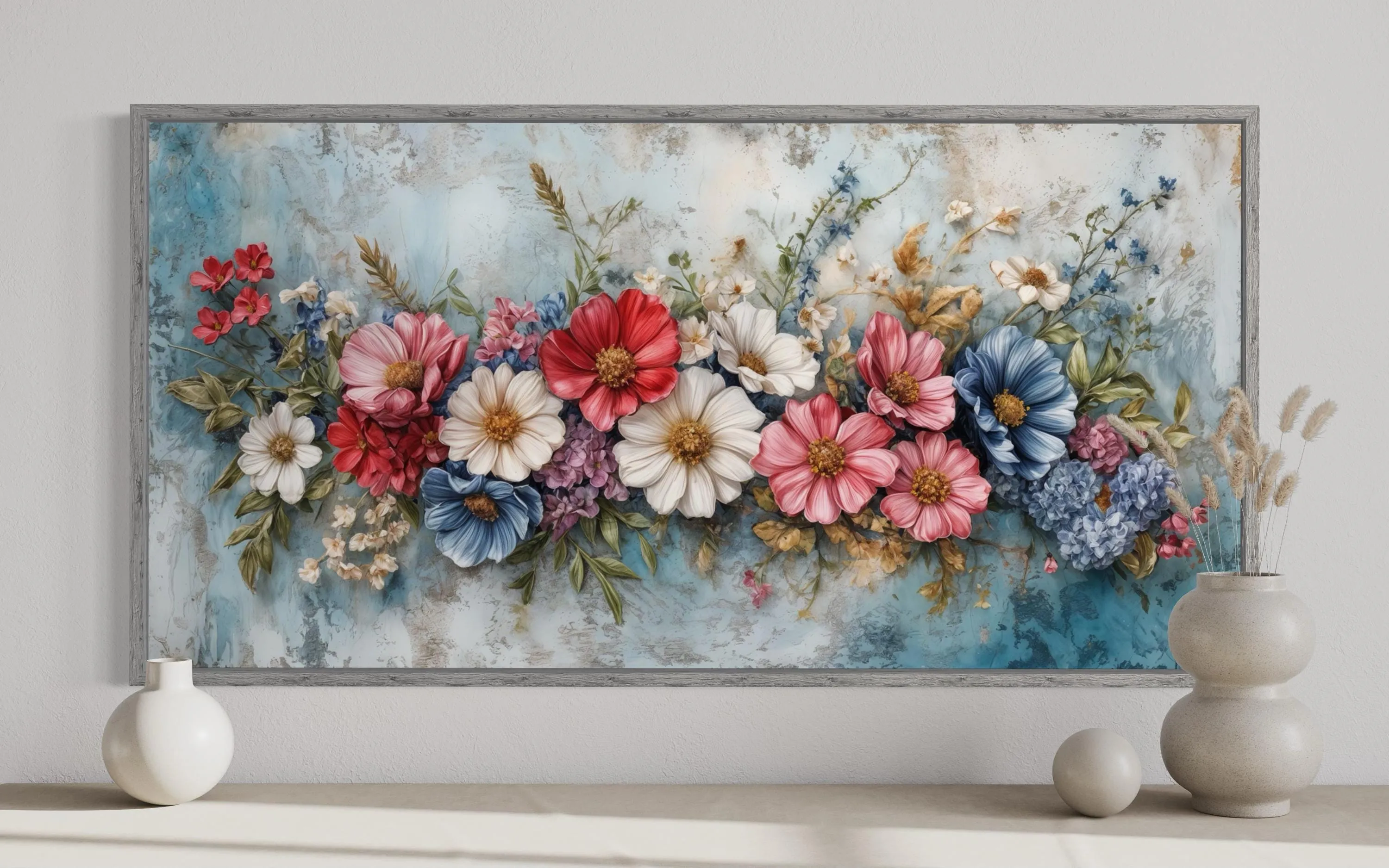 Pretty Blue Pink Wildflowers Bouquet Framed Canvas Wall Art