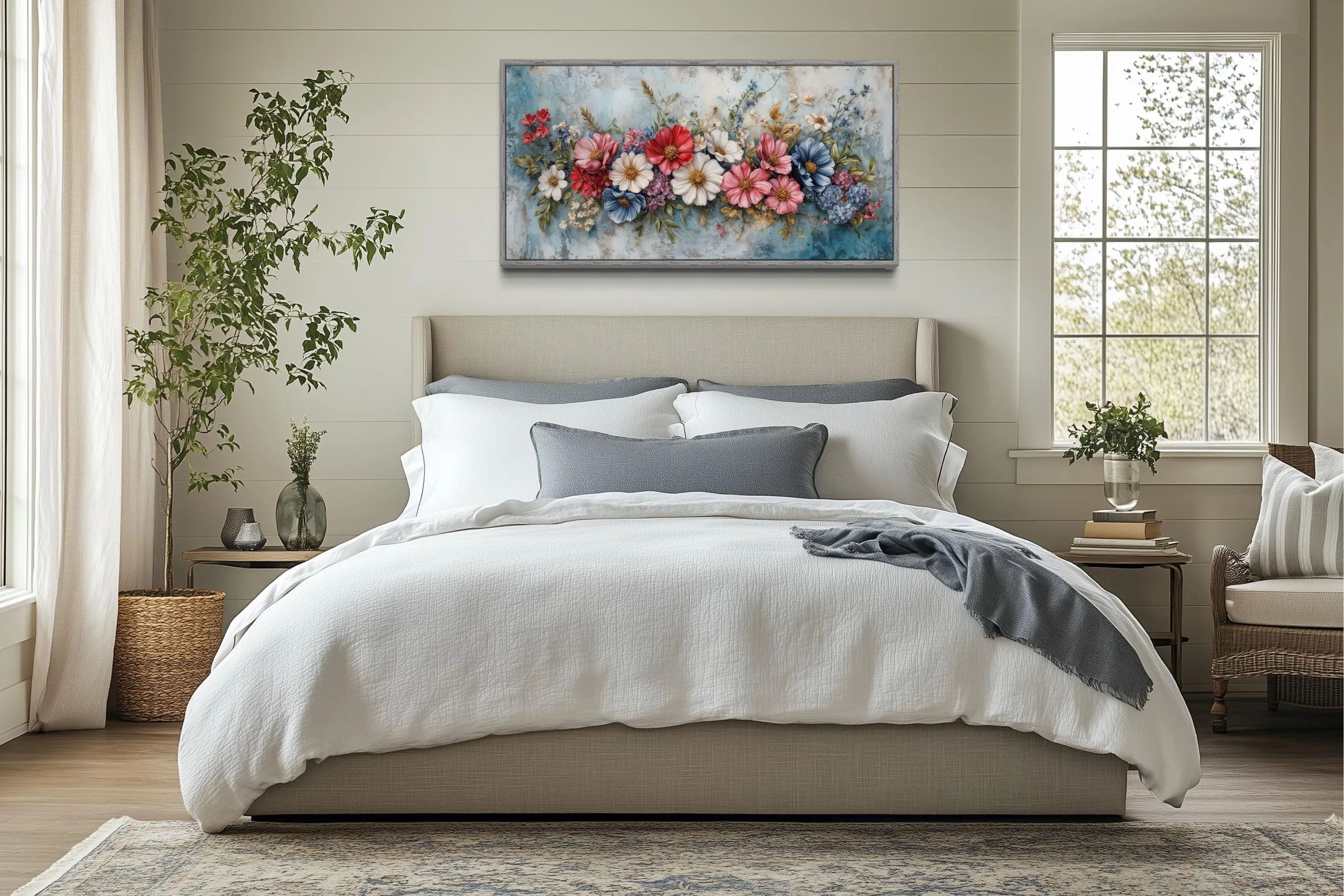 Pretty Blue Pink Wildflowers Bouquet Framed Canvas Wall Art