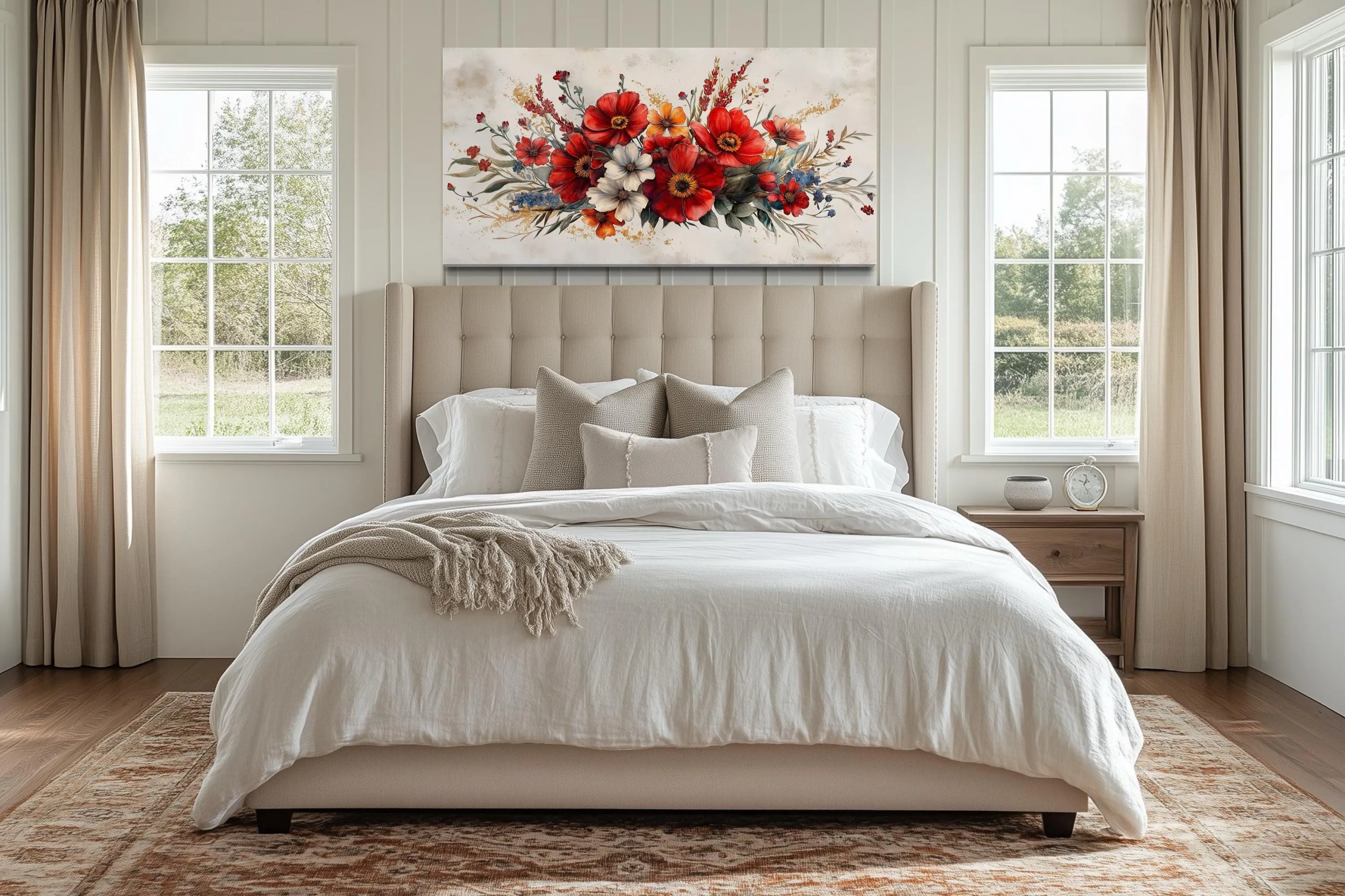 Red Wildflowers Bouquet Watercolor Botanical Framed Canvas Wall Art