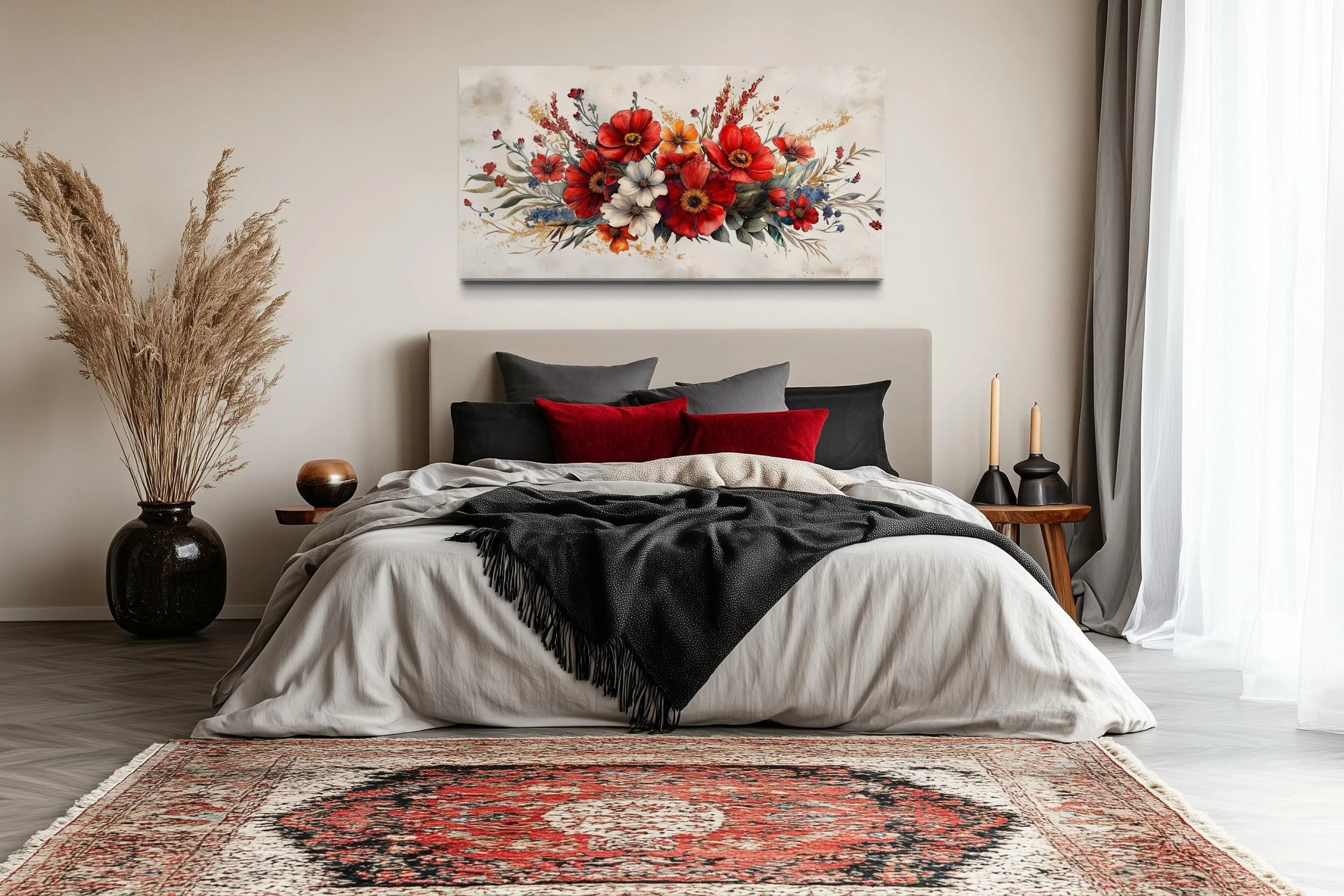 Red Wildflowers Bouquet Watercolor Botanical Framed Canvas Wall Art