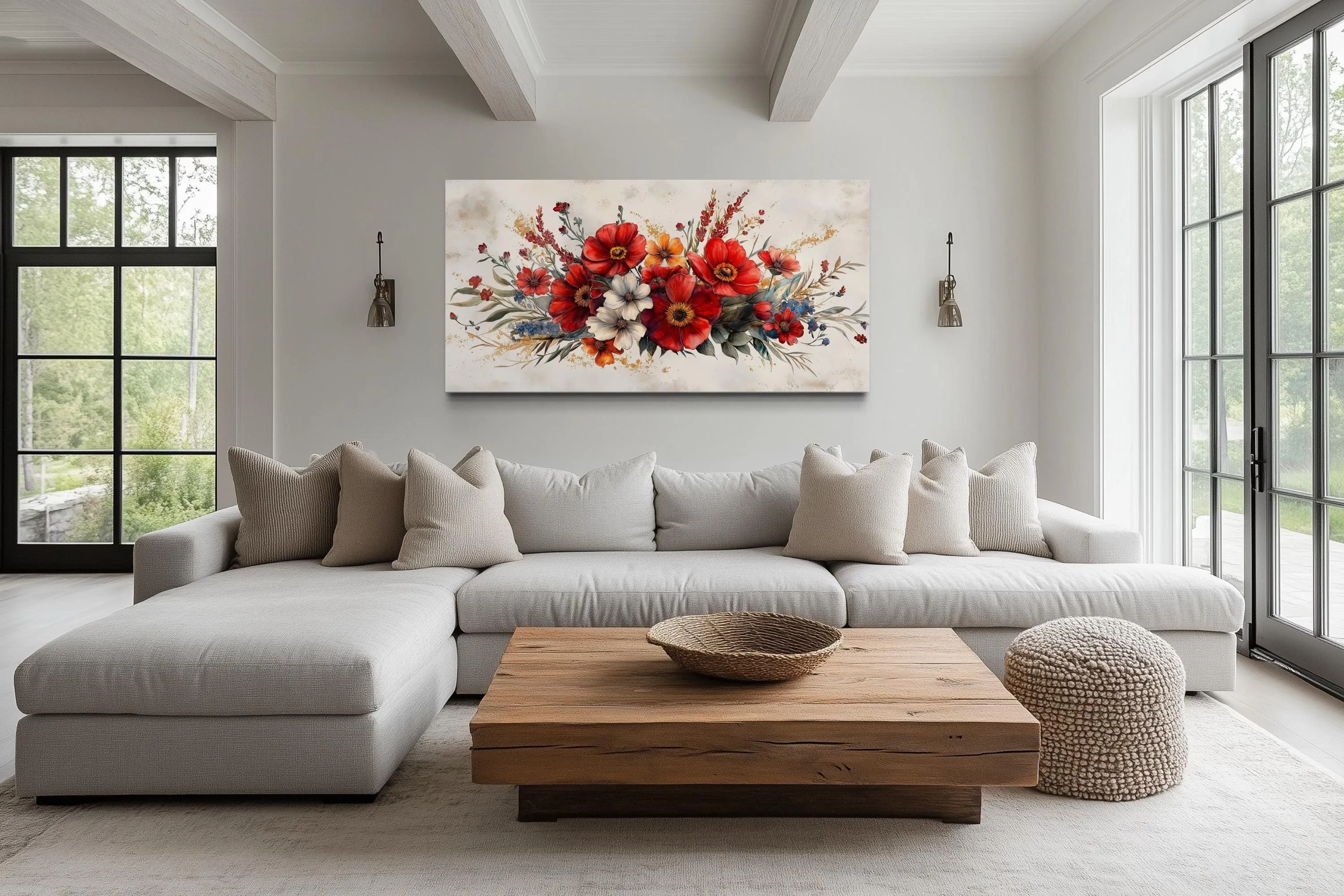 Red Wildflowers Bouquet Watercolor Botanical Framed Canvas Wall Art