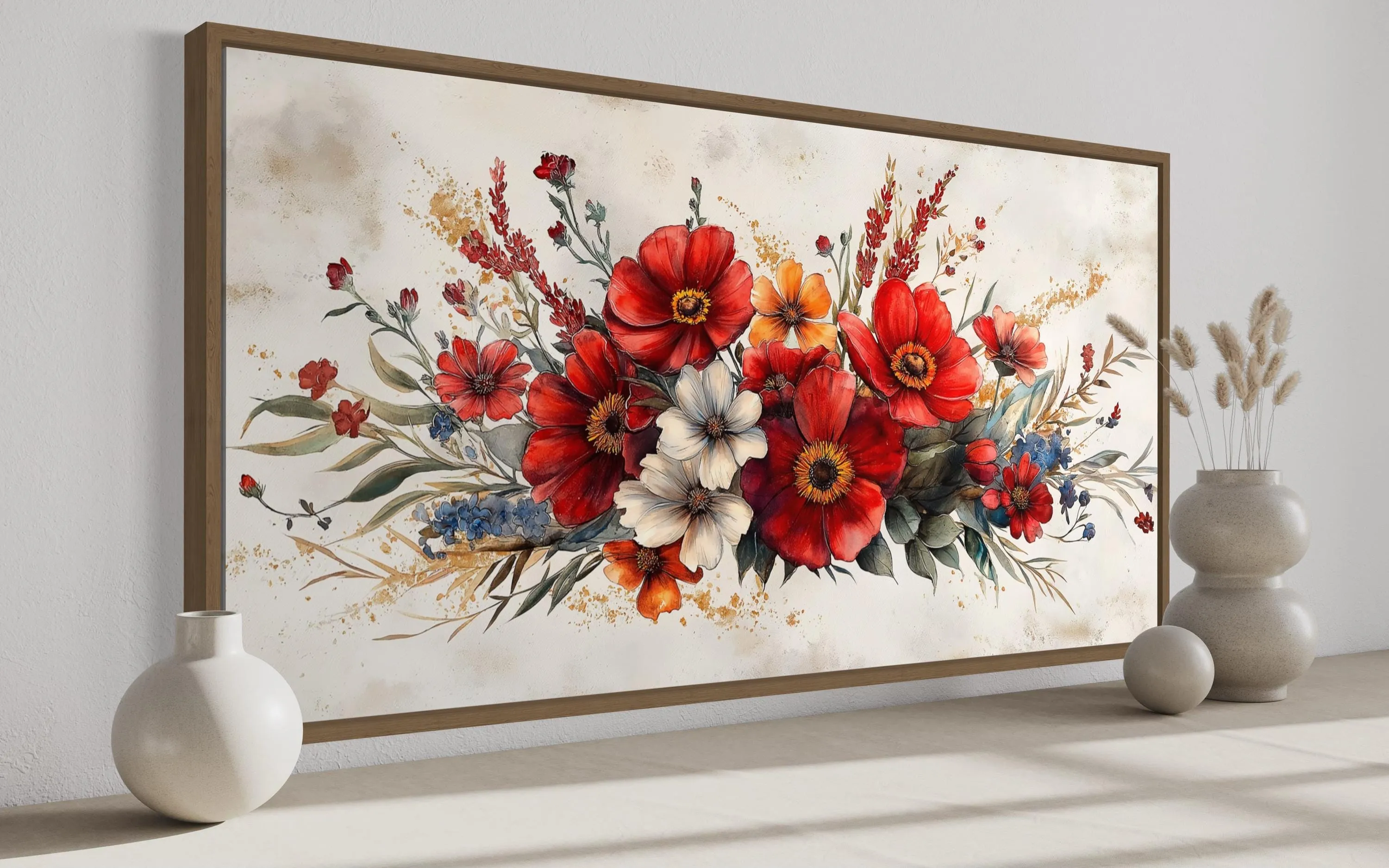 Red Wildflowers Bouquet Watercolor Botanical Framed Canvas Wall Art