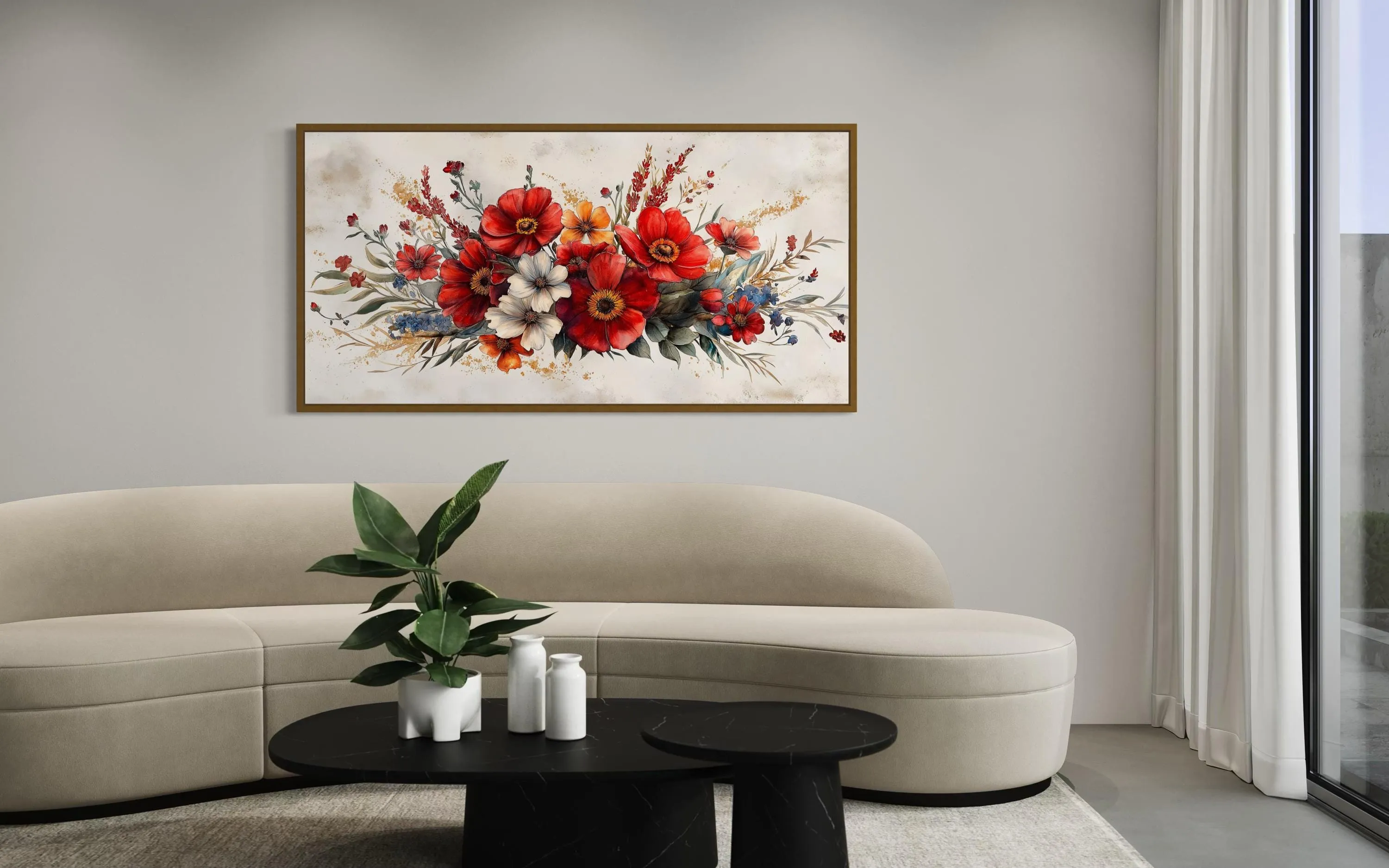 Red Wildflowers Bouquet Watercolor Botanical Framed Canvas Wall Art