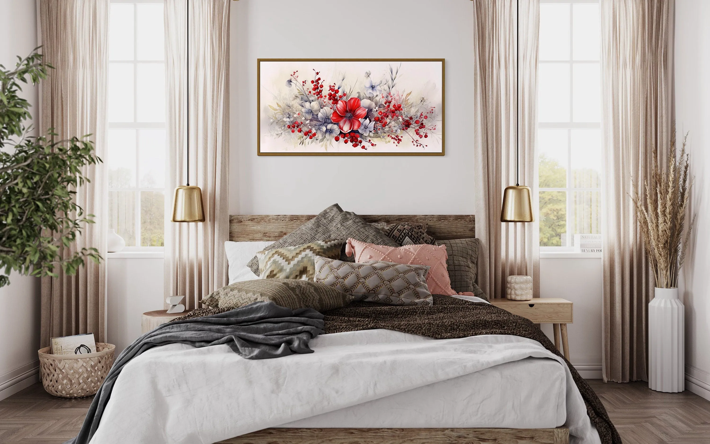 Red Wildflowers Bouquet Watercolor Botanical Framed Canvas Wall Art