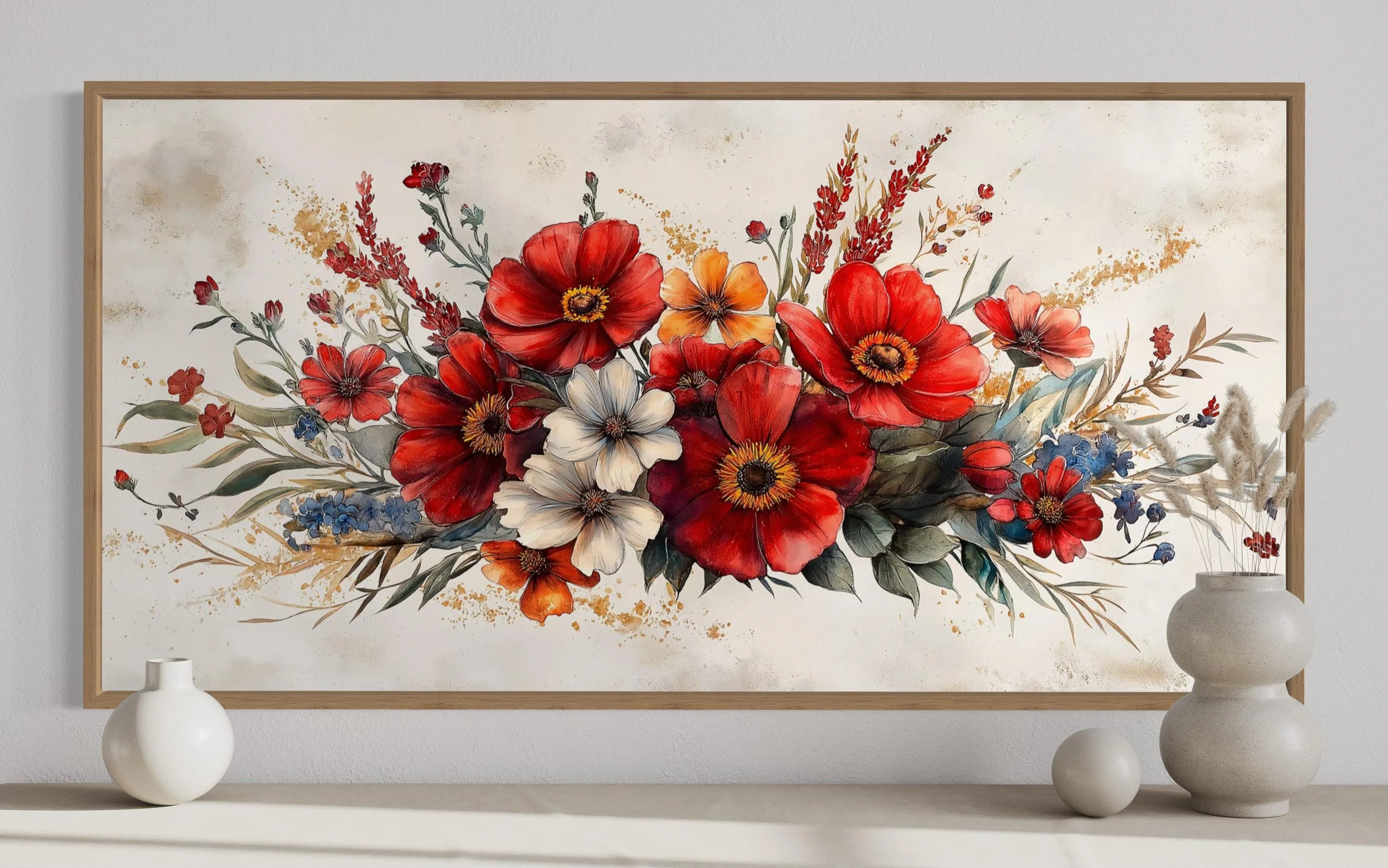 Red Wildflowers Bouquet Watercolor Botanical Framed Canvas Wall Art