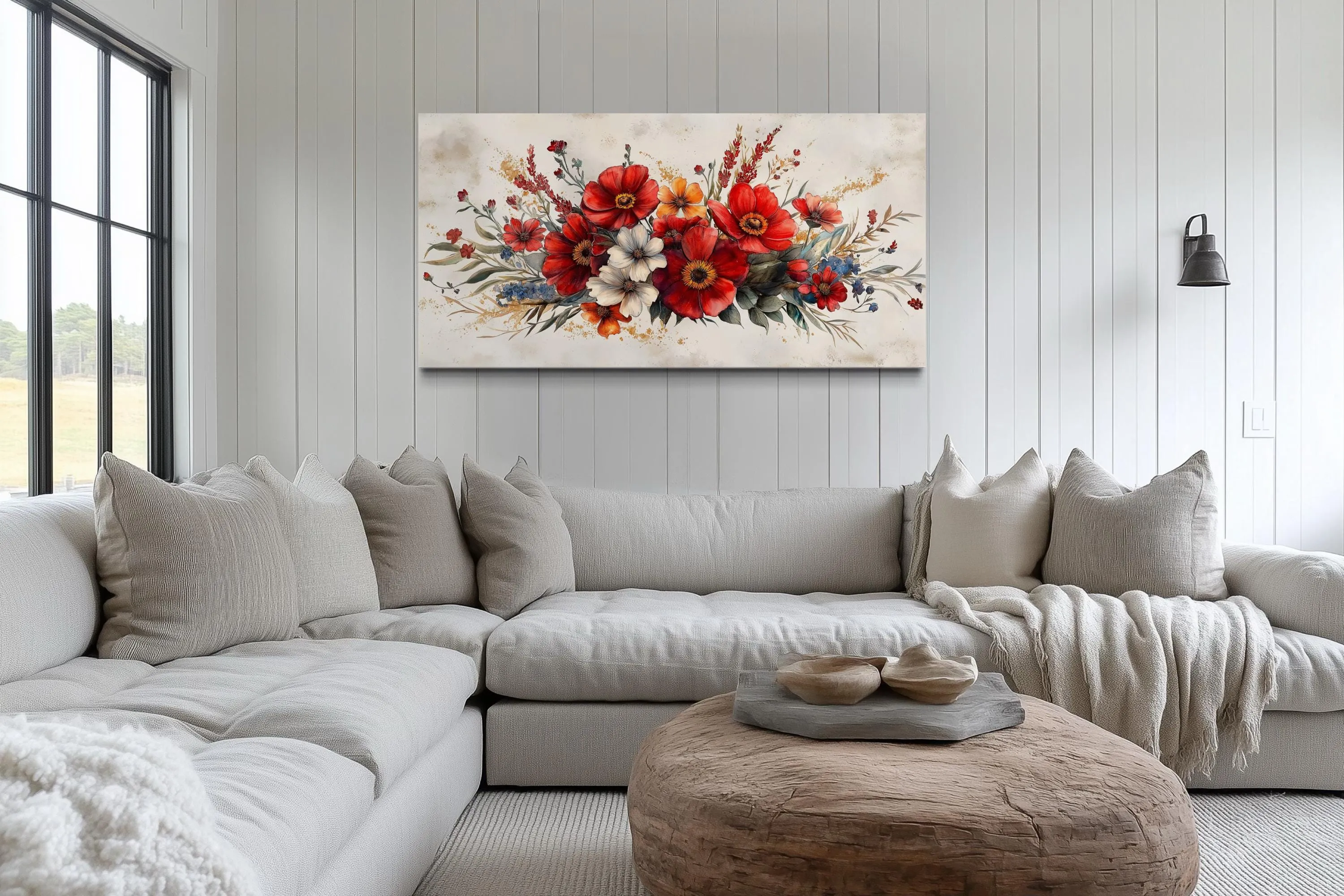 Red Wildflowers Bouquet Watercolor Botanical Framed Canvas Wall Art
