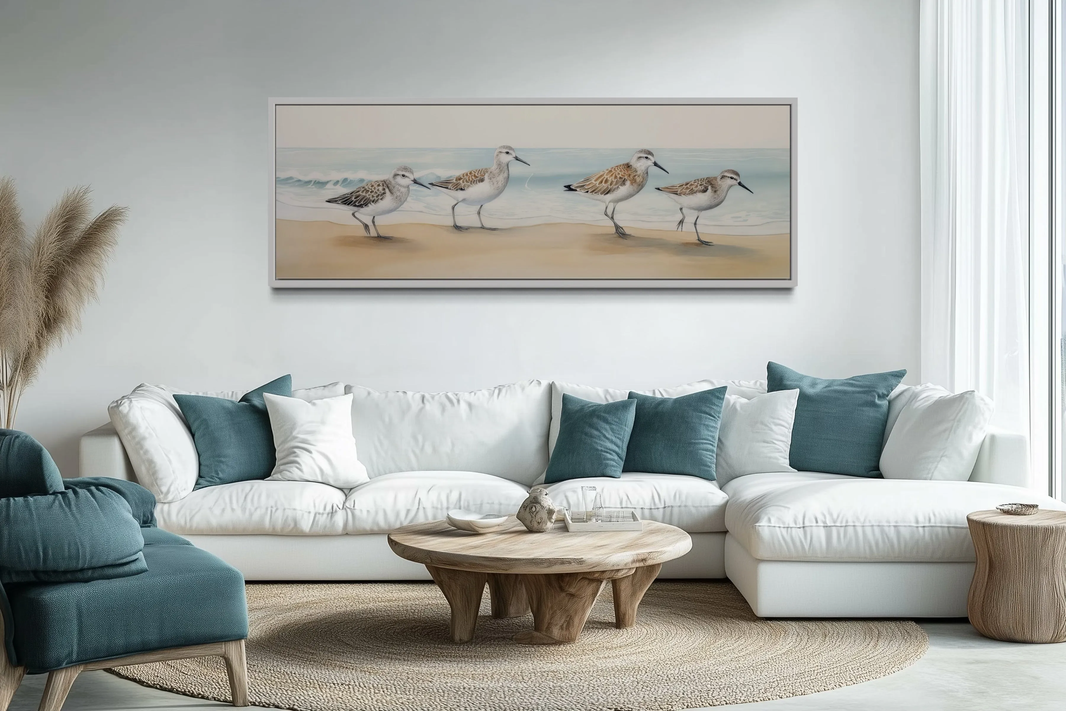 Sandpipers Walking On The Beach Horizontal Framed Canvas Wall Art