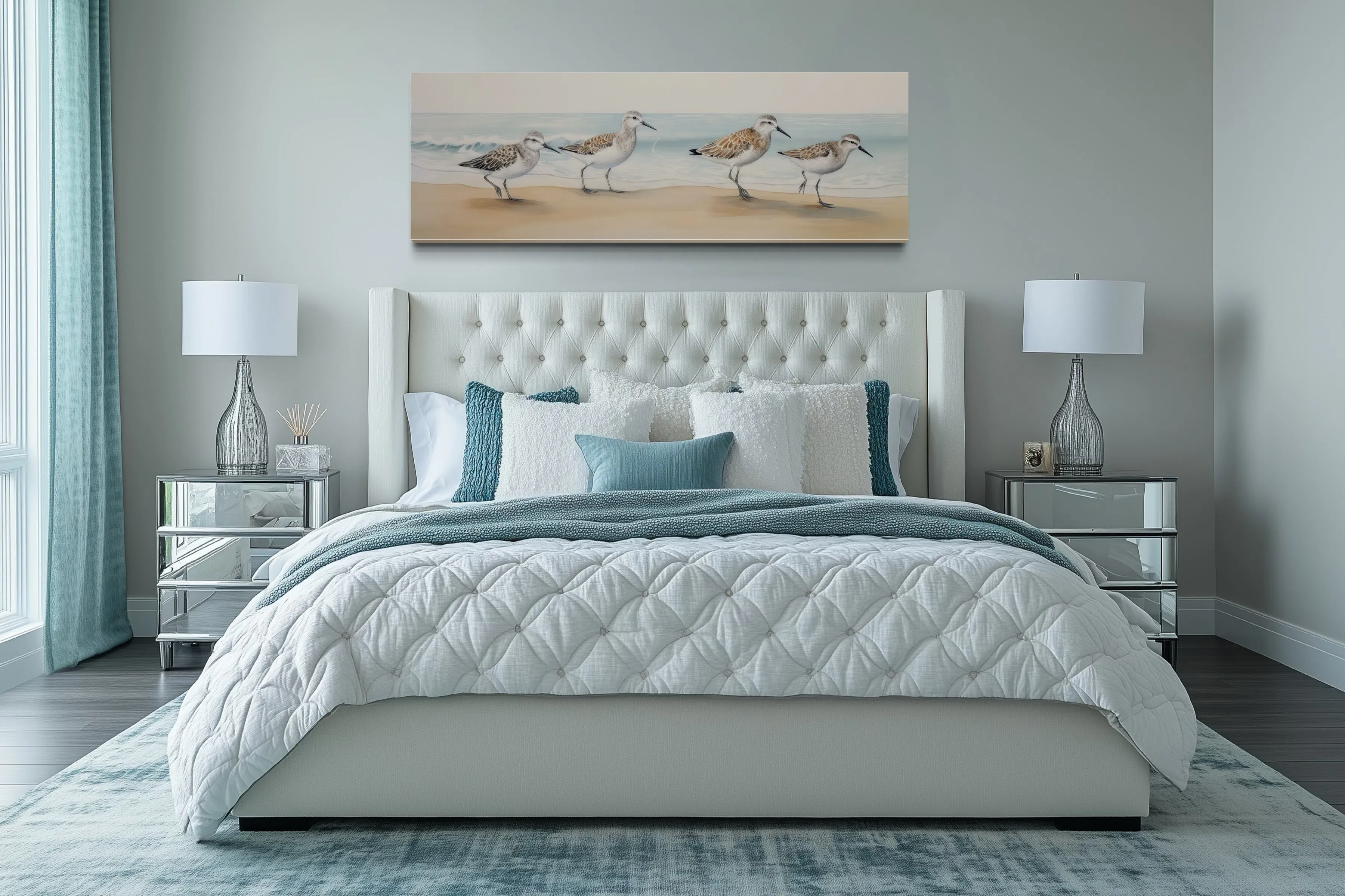 Sandpipers Walking On The Beach Horizontal Framed Canvas Wall Art