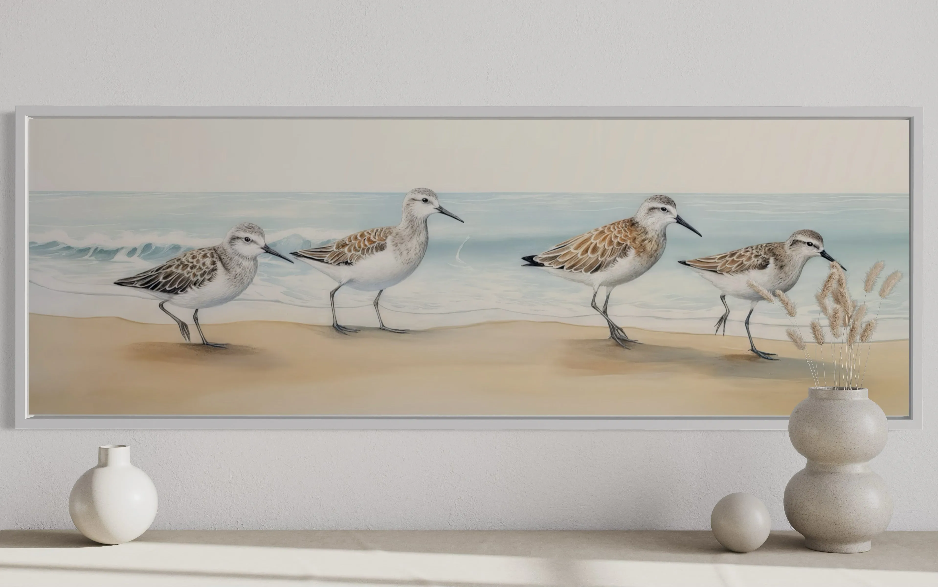 Sandpipers Walking On The Beach Horizontal Framed Canvas Wall Art