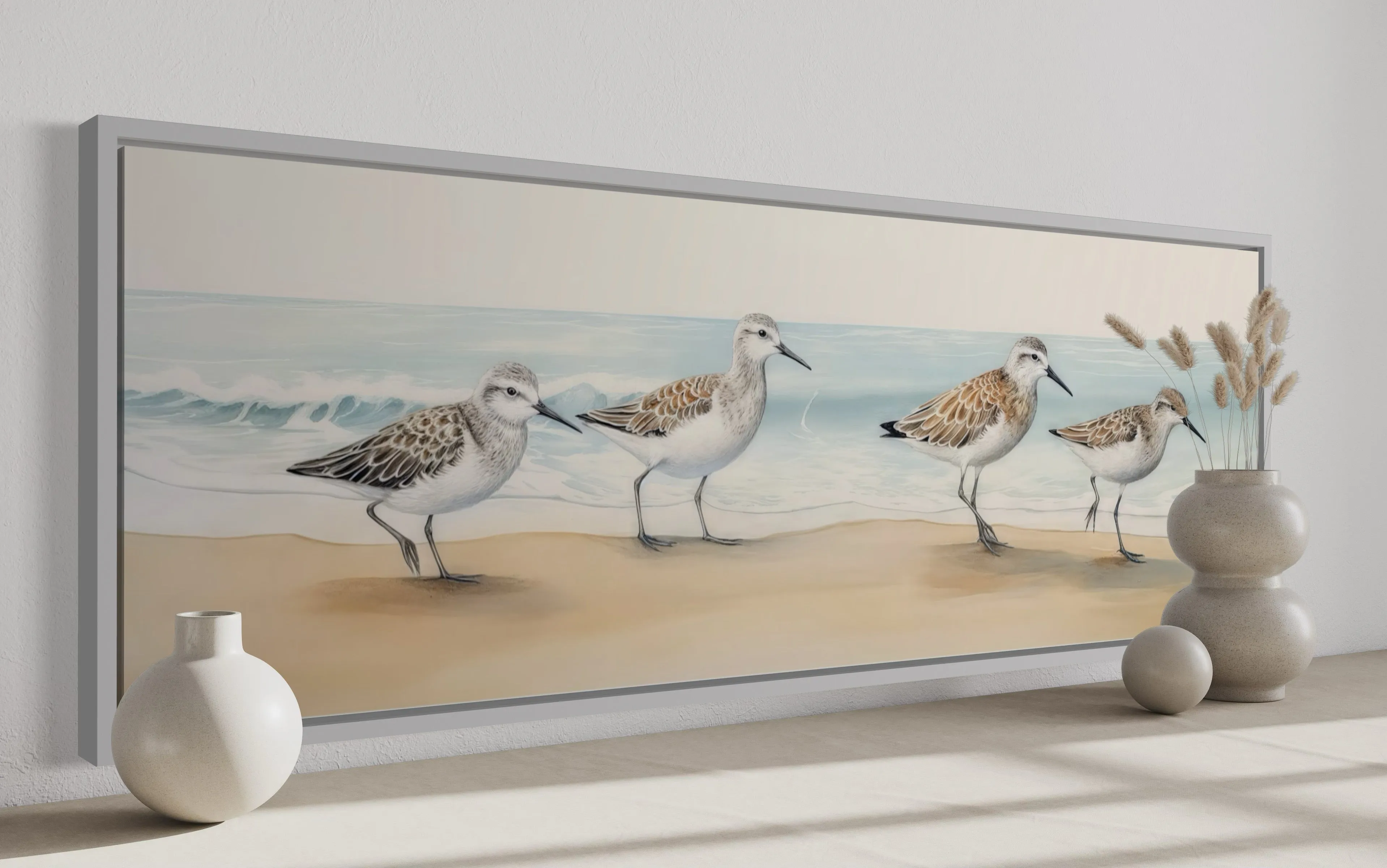 Sandpipers Walking On The Beach Horizontal Framed Canvas Wall Art