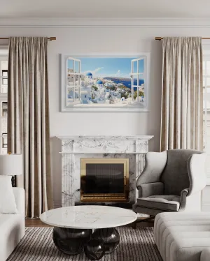 Santorini View From Open Window Canvas Wall Art