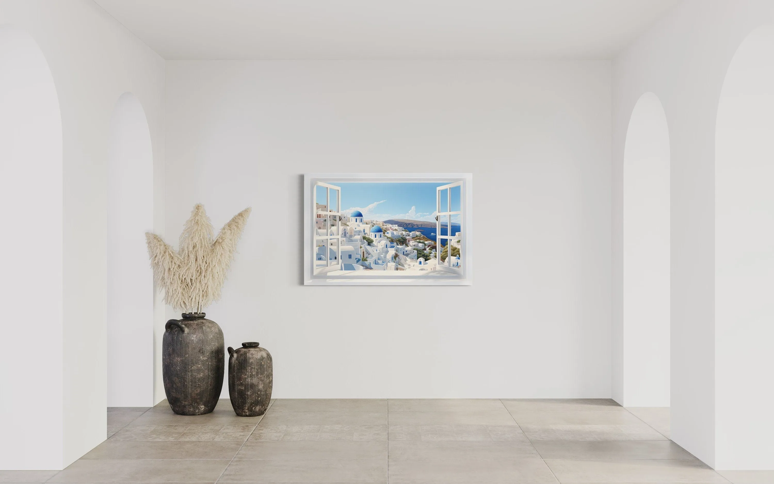 Santorini View From Open Window Canvas Wall Art