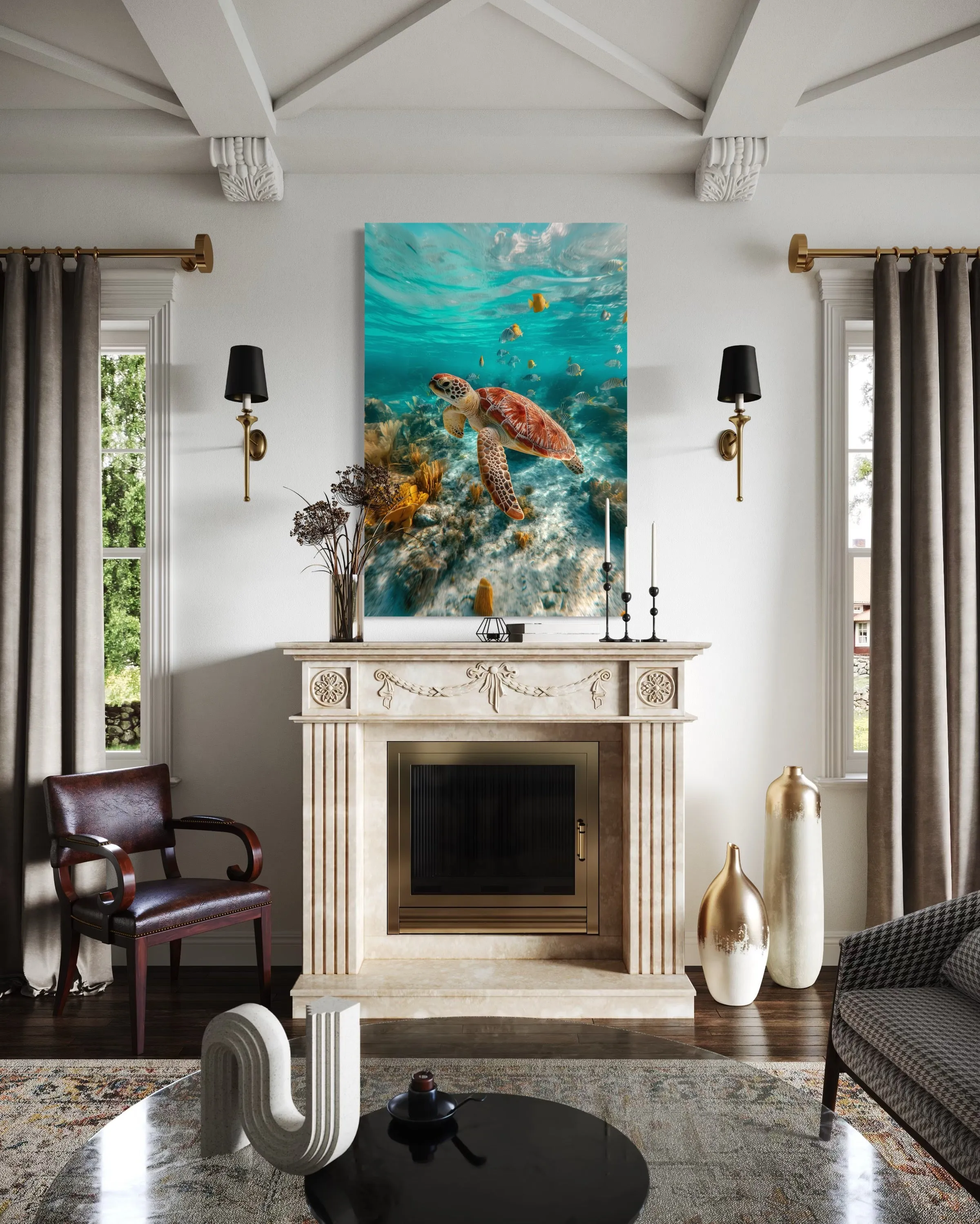 Sea Turtle Underwater Photograph Framed Canvas Wall Art