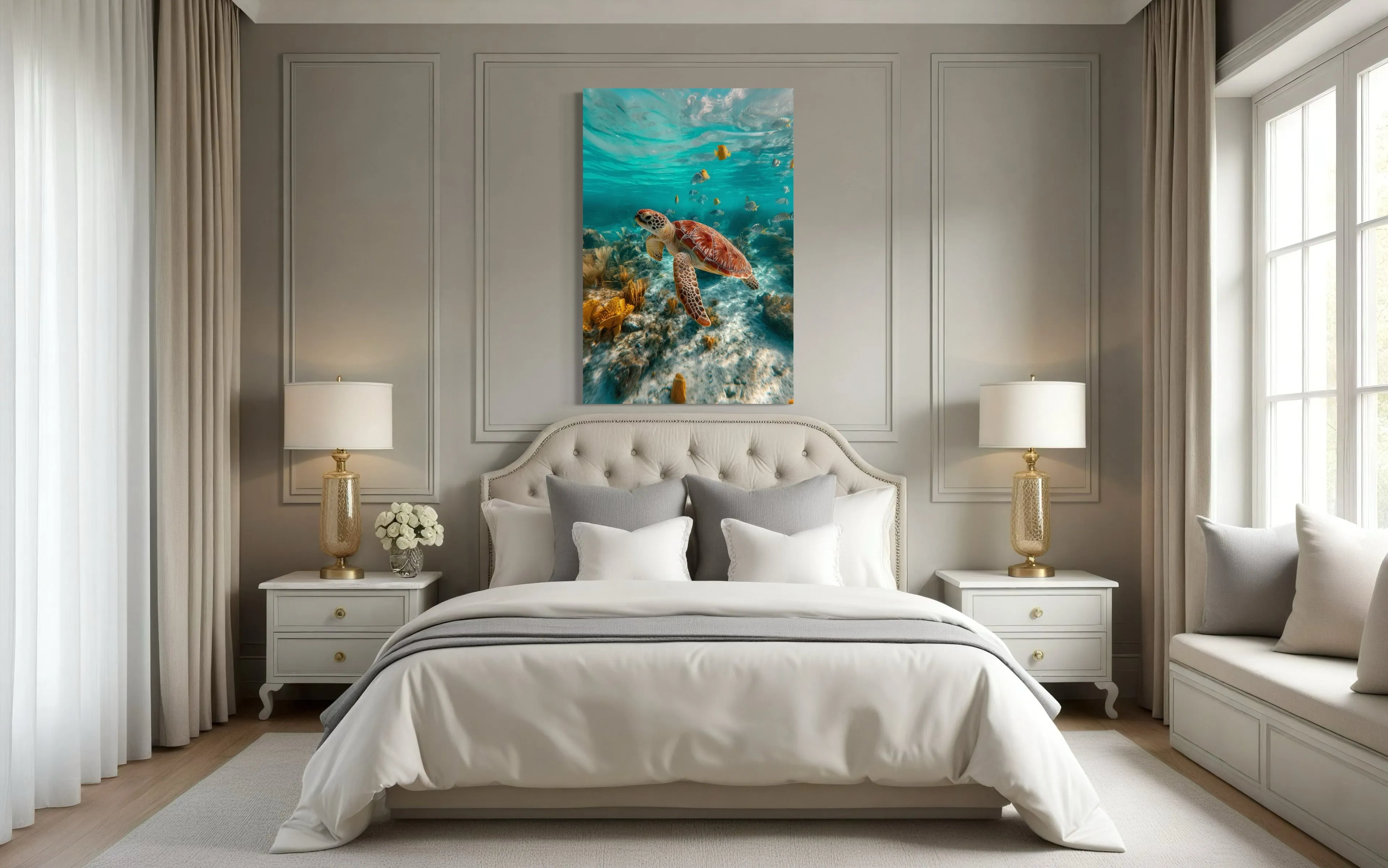 Sea Turtle Underwater Photograph Framed Canvas Wall Art