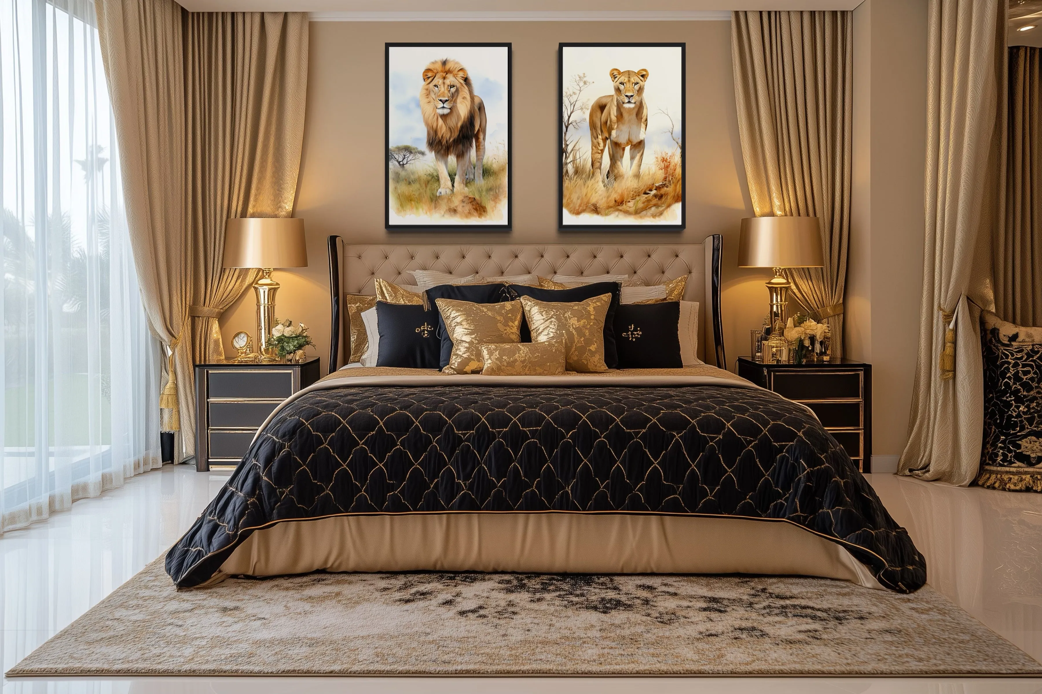 Set of 2 Lion And Lioness In Safari Framed Canvas Wall Art
