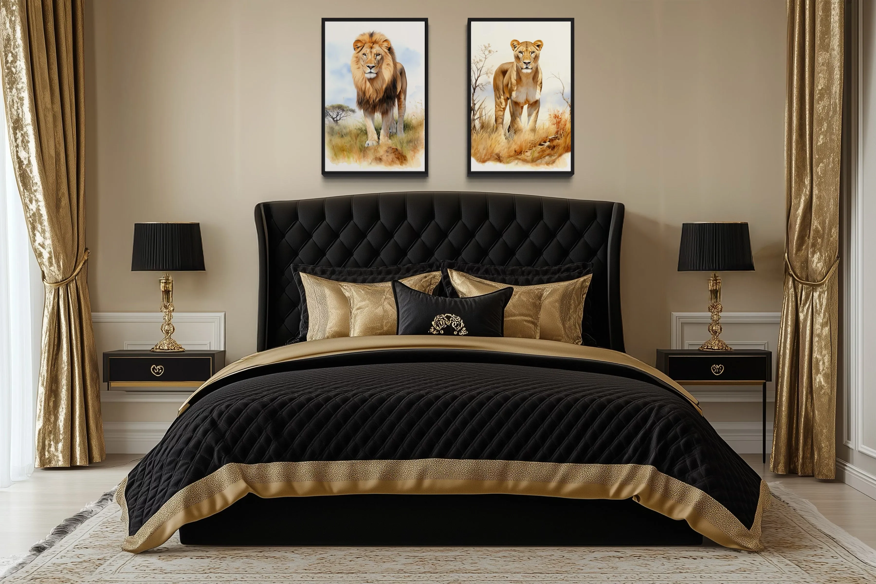 Set of 2 Lion And Lioness In Safari Framed Canvas Wall Art