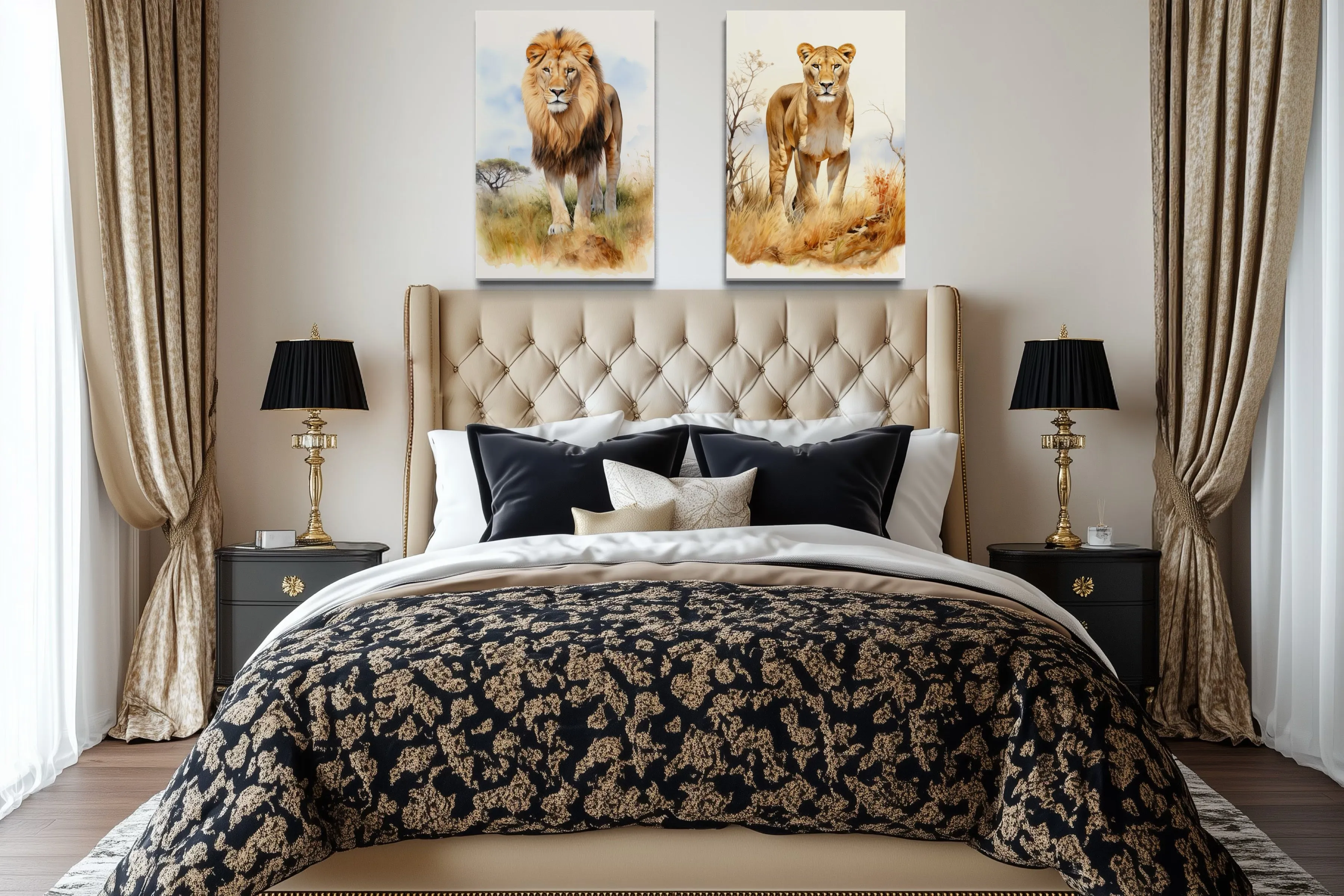 Set of 2 Lion And Lioness In Safari Framed Canvas Wall Art