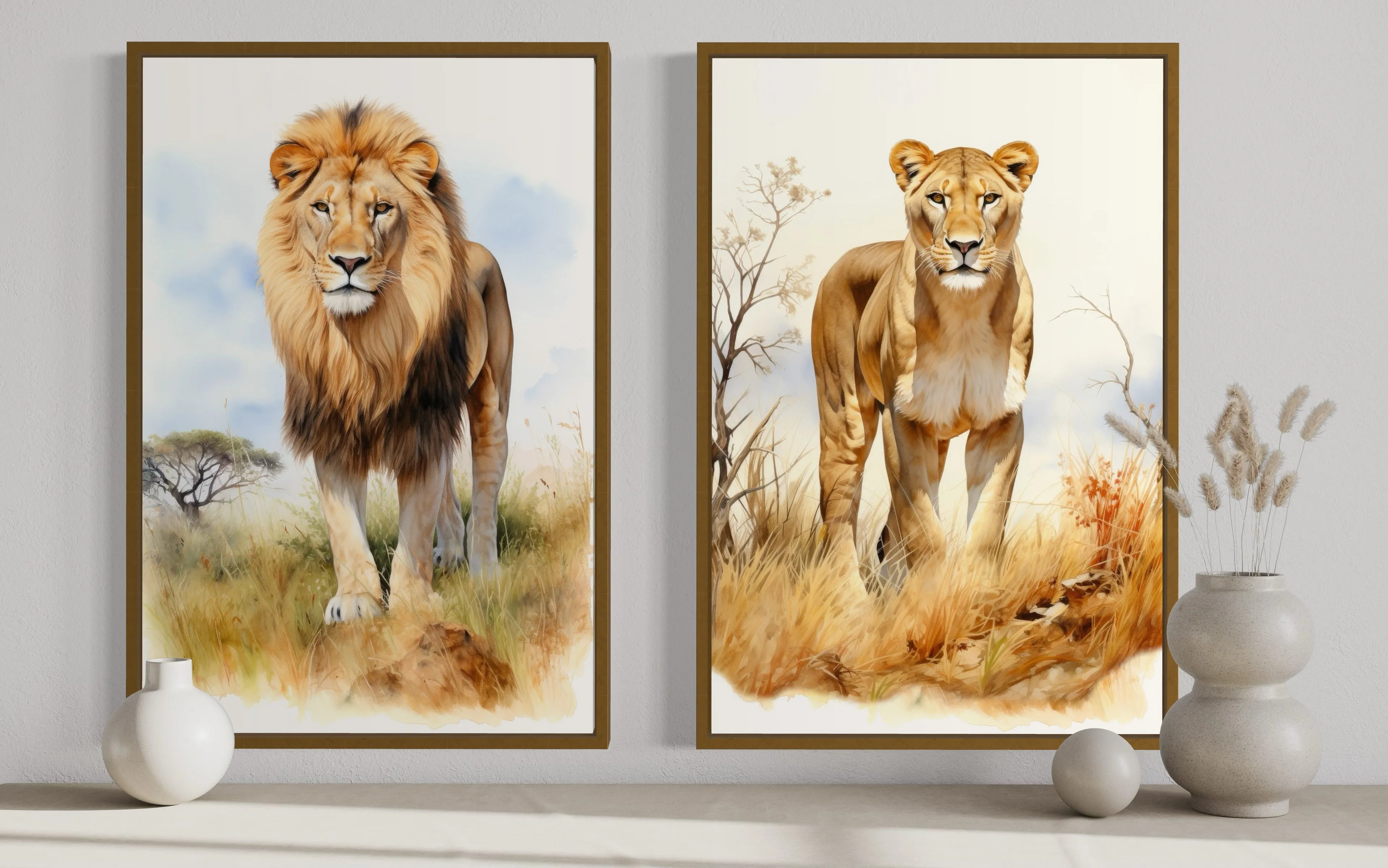 Set of 2 Lion And Lioness In Safari Framed Canvas Wall Art
