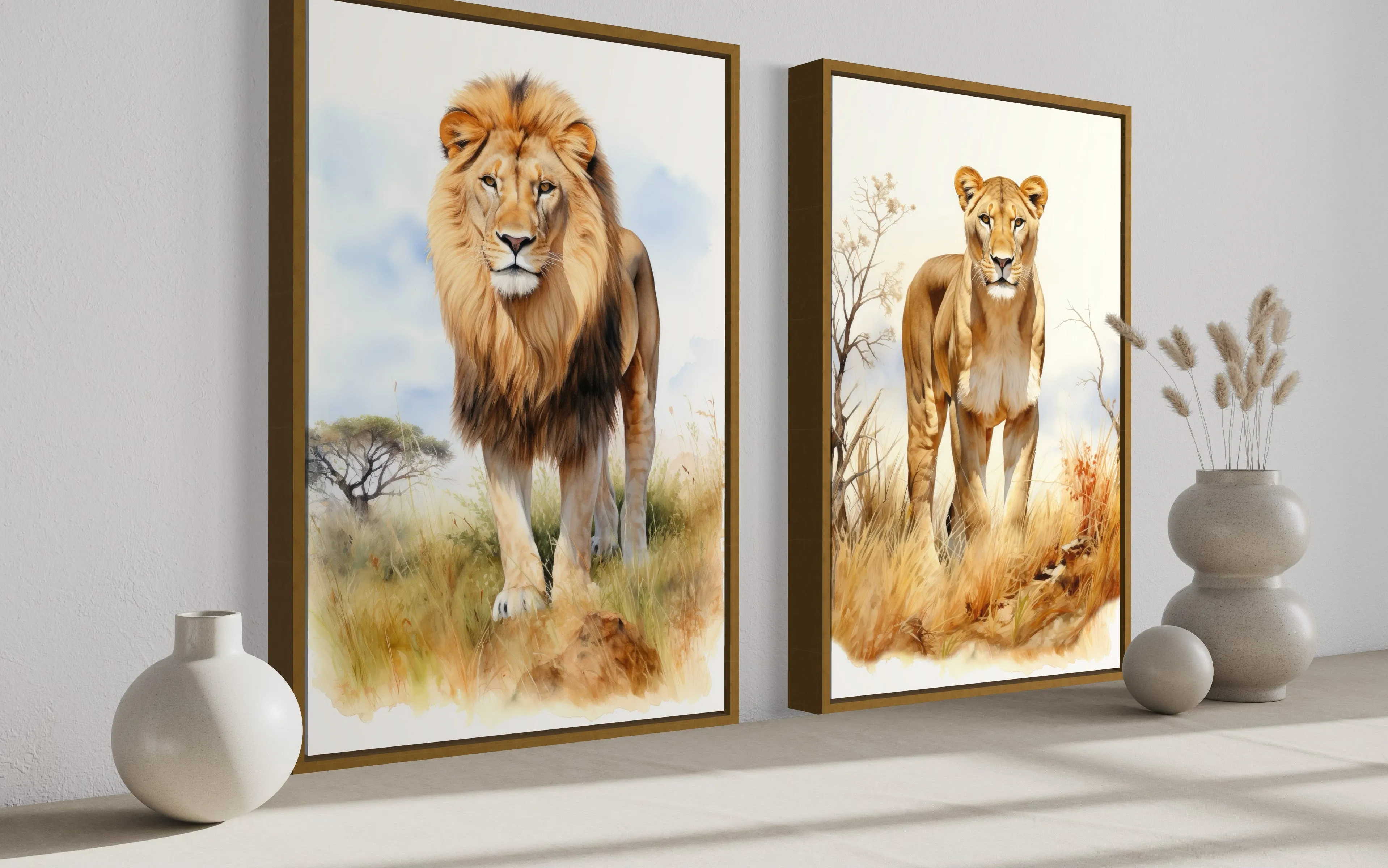 Set of 2 Lion And Lioness In Safari Framed Canvas Wall Art