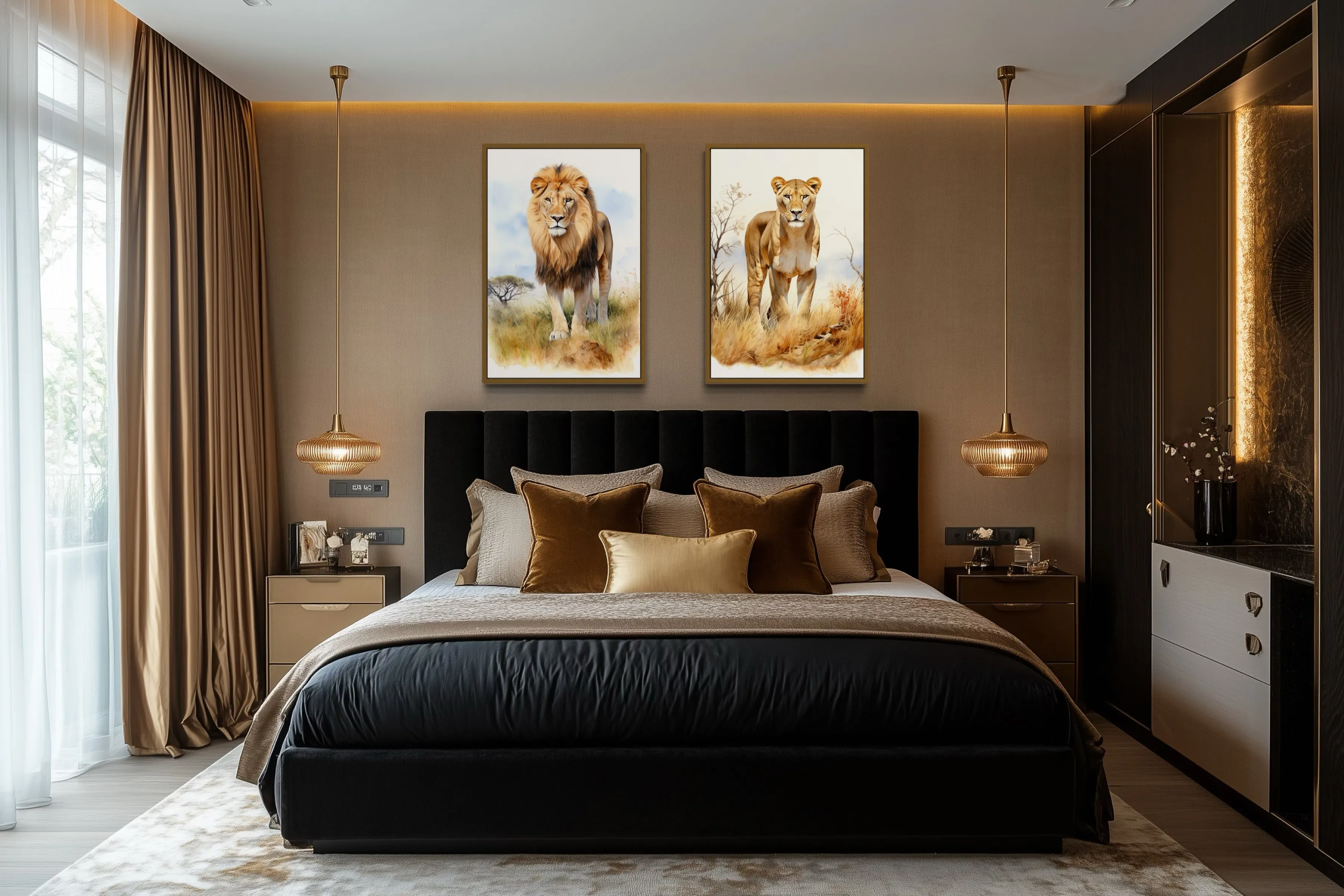 Set of 2 Lion And Lioness In Safari Framed Canvas Wall Art