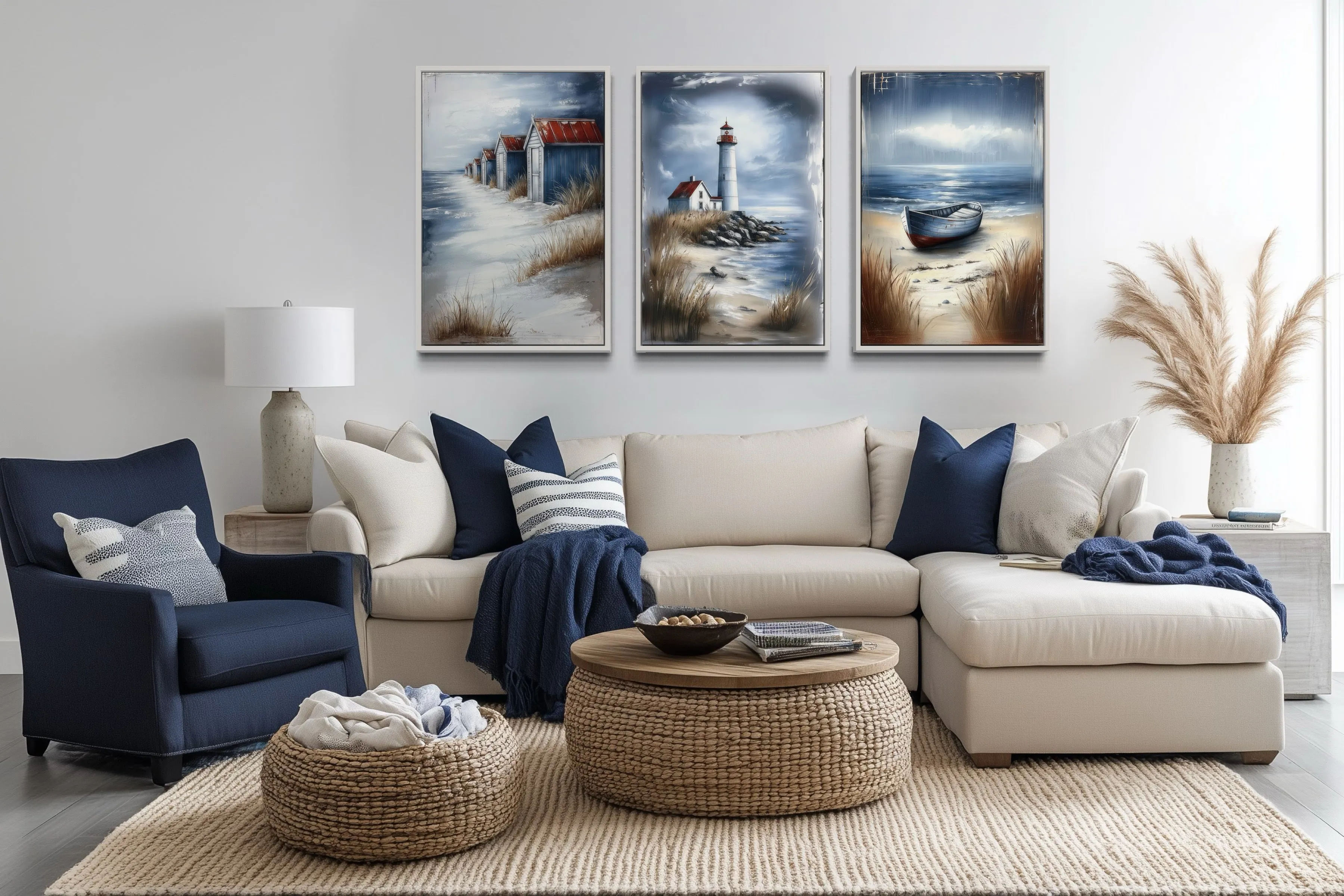 Set Of 3 Beach House Framed Canvas Wall Art - Lighthouse, Beach Huts And Old Boat