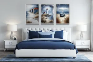 Set Of 3 Beach House Framed Canvas Wall Art - Lighthouse, Beach Huts And Old Boat
