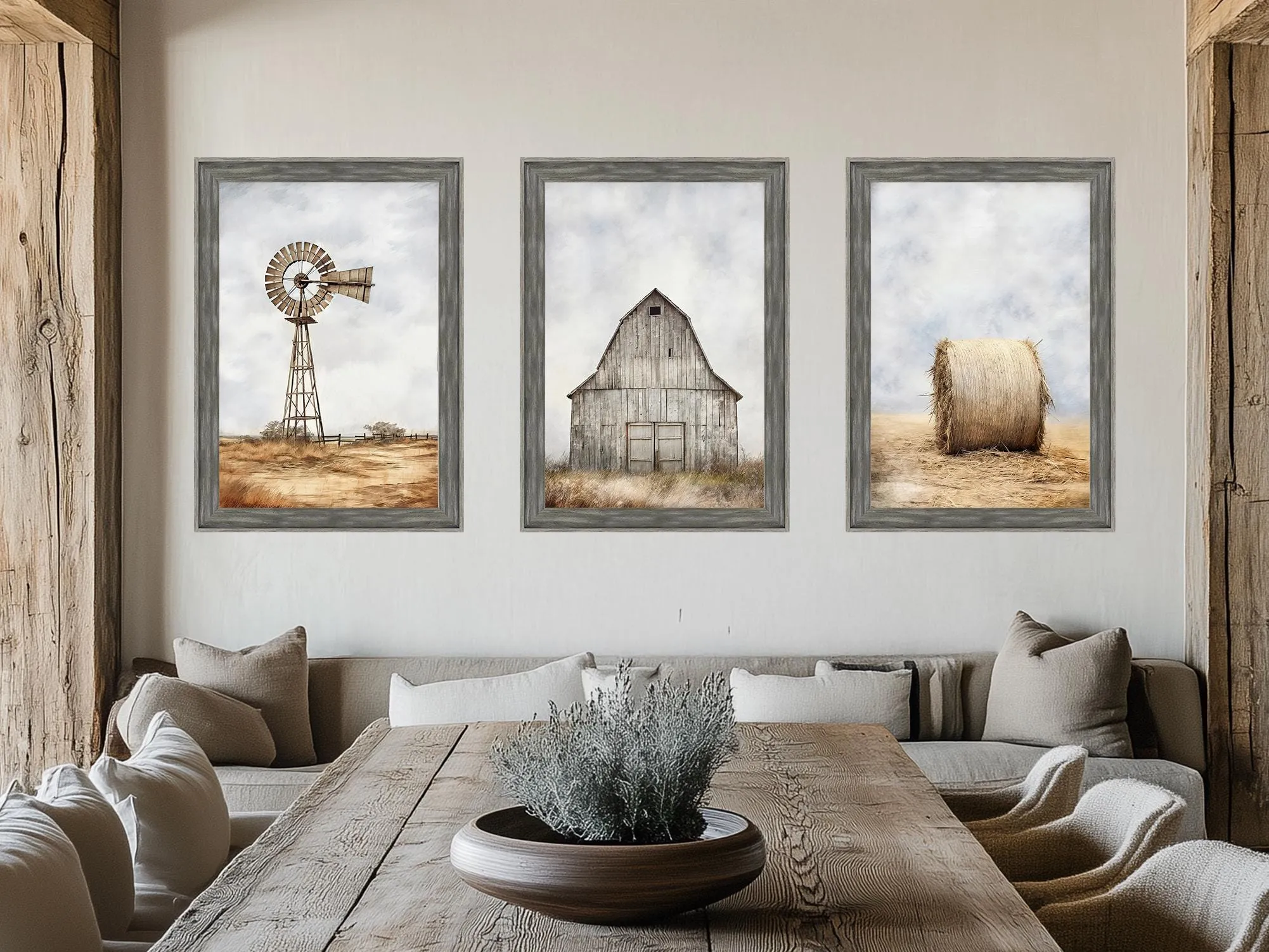 Set of 3 Farmhouse Barnwood Frame Canvas Wall Decor